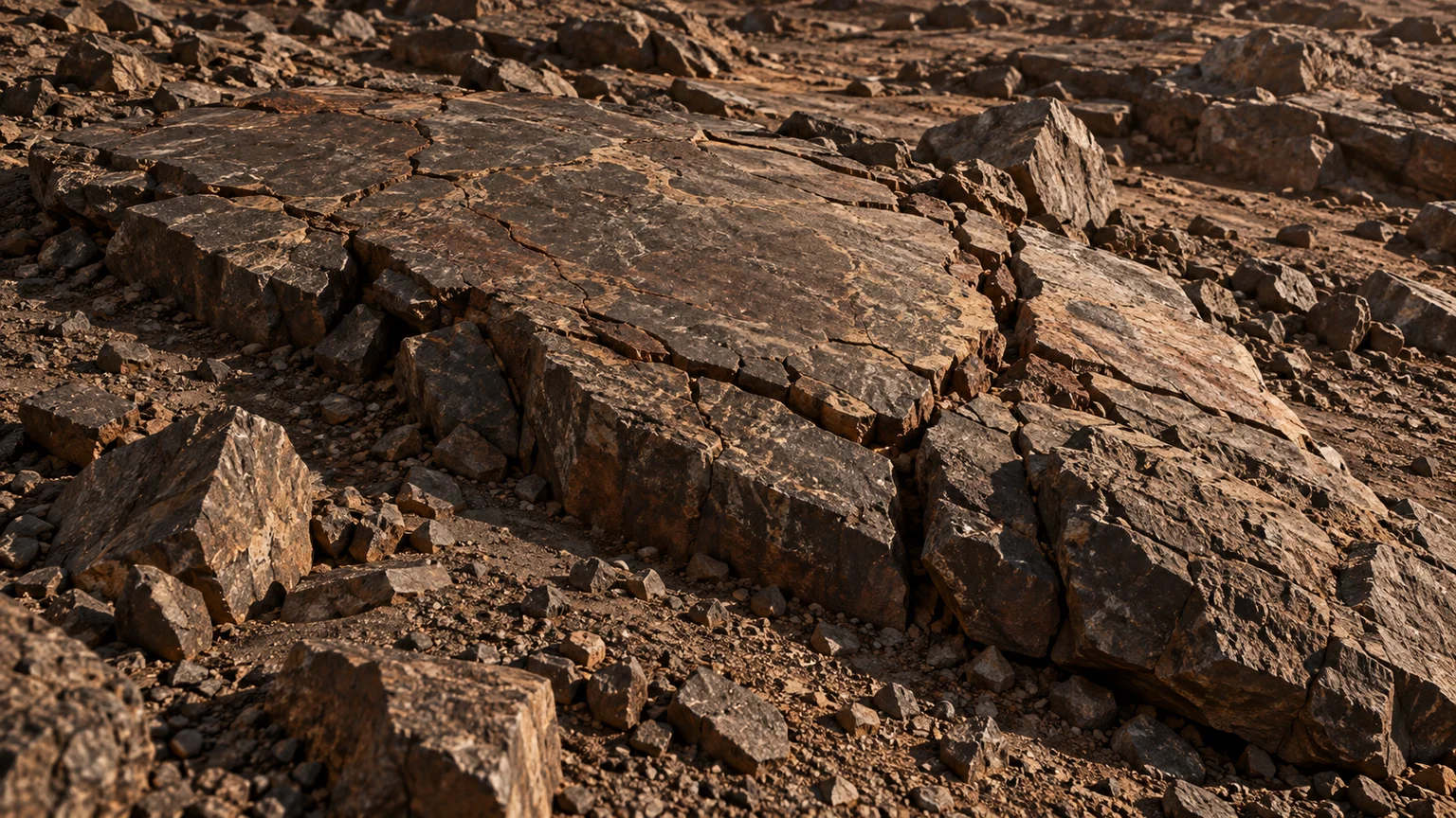 A large fractured rocky slab and smaller angular fragments under subdued warm starlight, crisp shadows. An artistic reconstruction of Lalande 21185 b; local detail, lighting and viewpoint are imagined. The depicted environment is a possibility, not an observed surface or weather map.