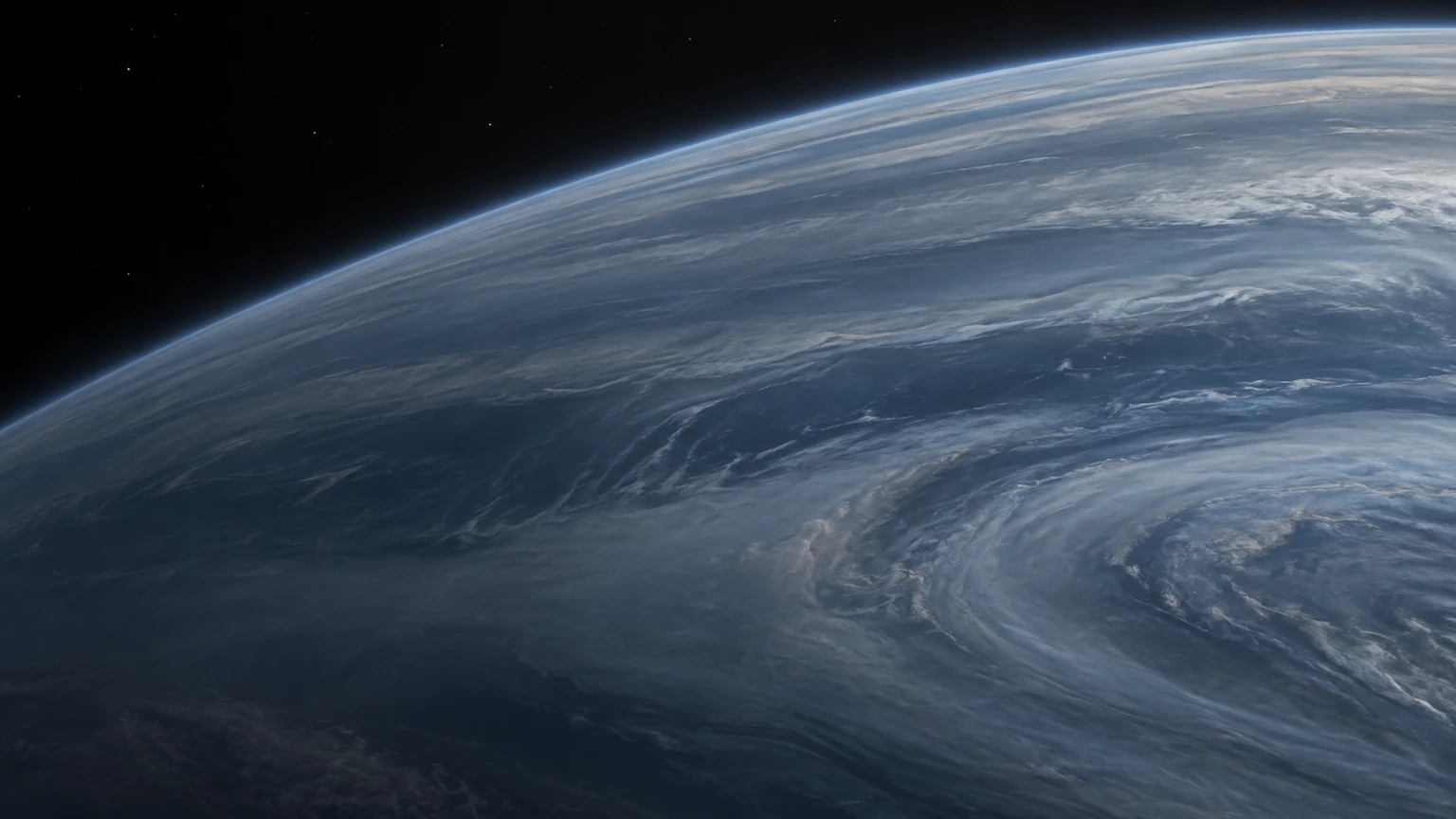 A hypothetical Neptune-like atmosphere under weak starlight. Cloud bands, color and composition are invented; brightness is enhanced to reveal detail. No solid surface or actual weather map is represented.