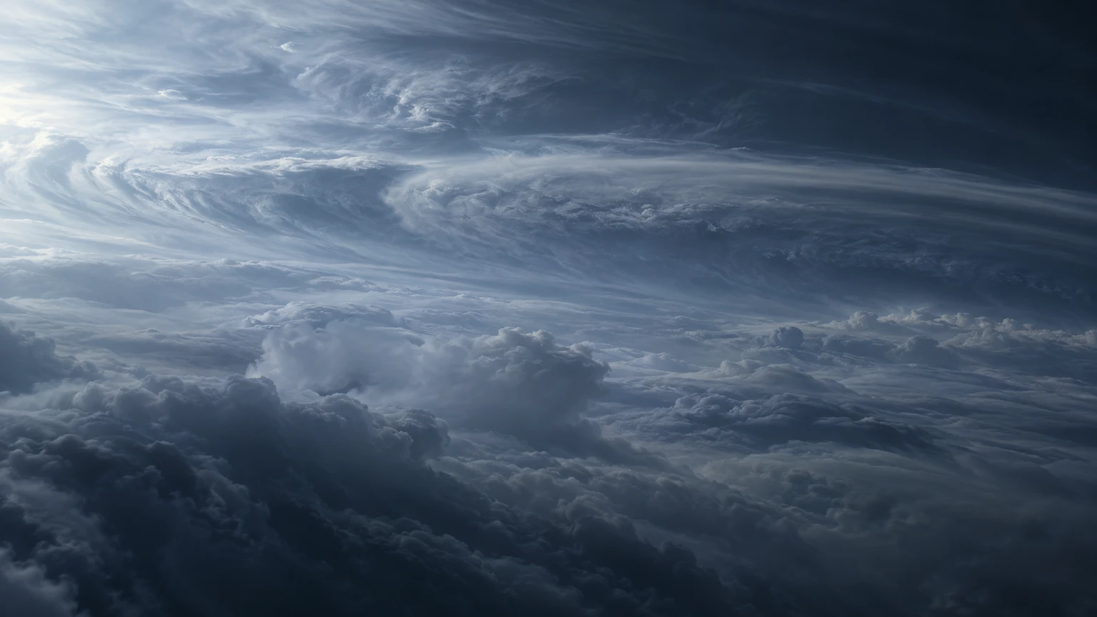 An imagined passage among cold atmospheric layers. The billows and wind patterns are artistic choices, not observations of c. This view assumes a gaseous envelope and does not imply a place where someone could stand.