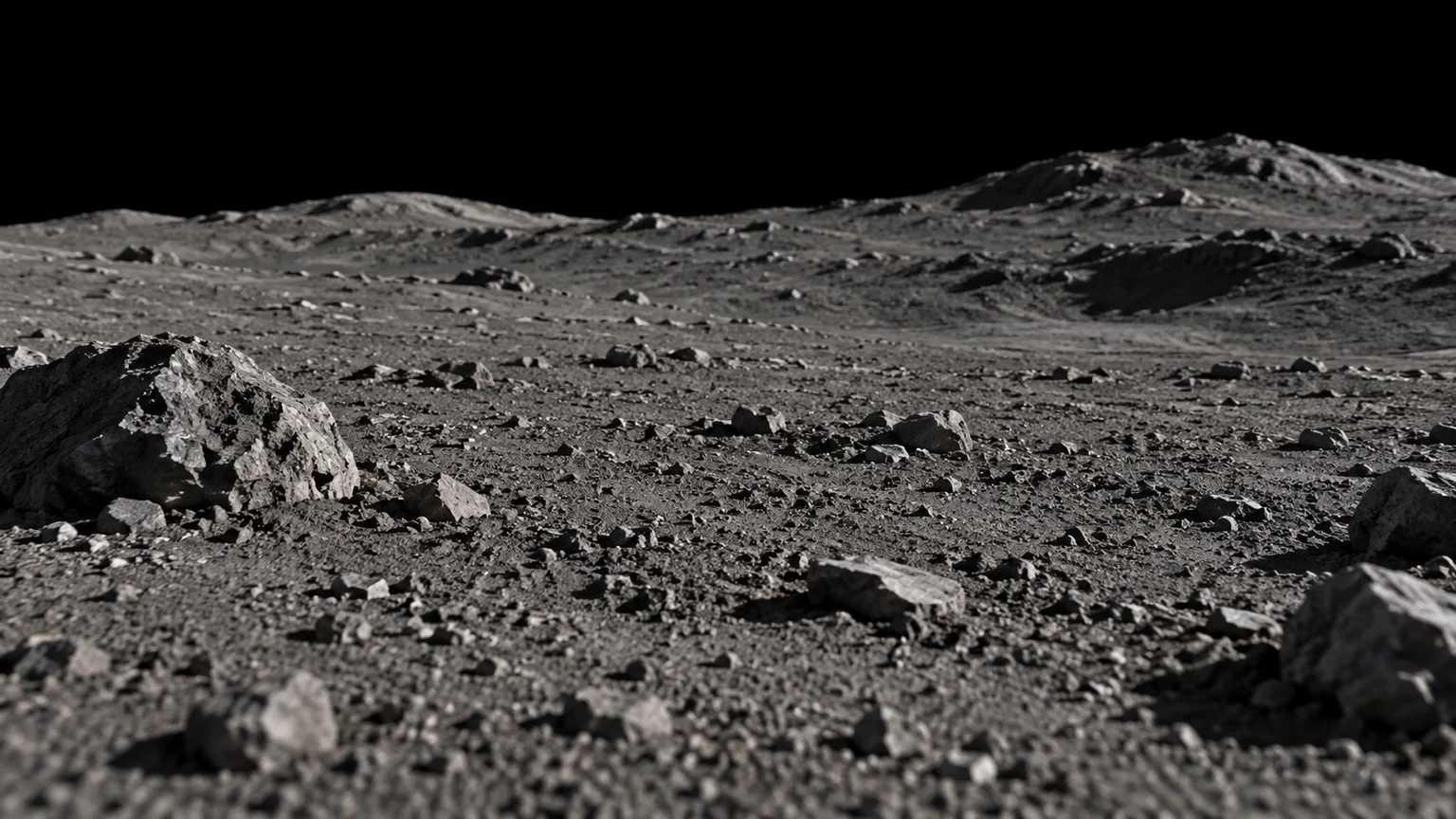 A speculative ground-level view on Leda. The depressions, fragments and horizon are artistic interpretations.