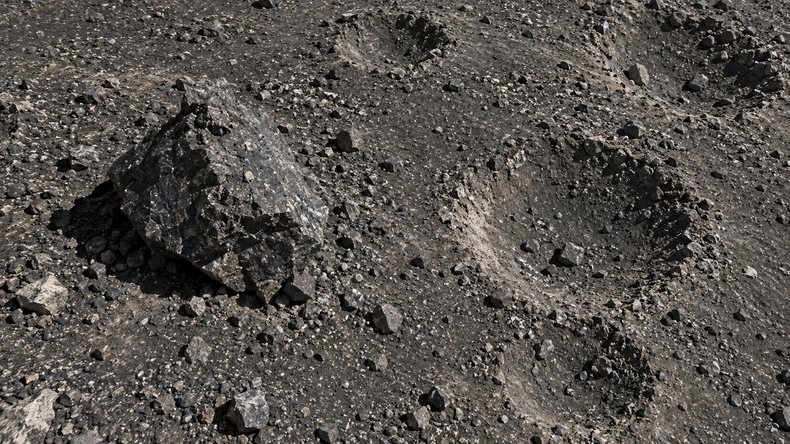 A small dark irregular block beside several shallow impact-shaped pits. An artistic reconstruction of Leda; local detail, lighting and viewpoint are imagined.