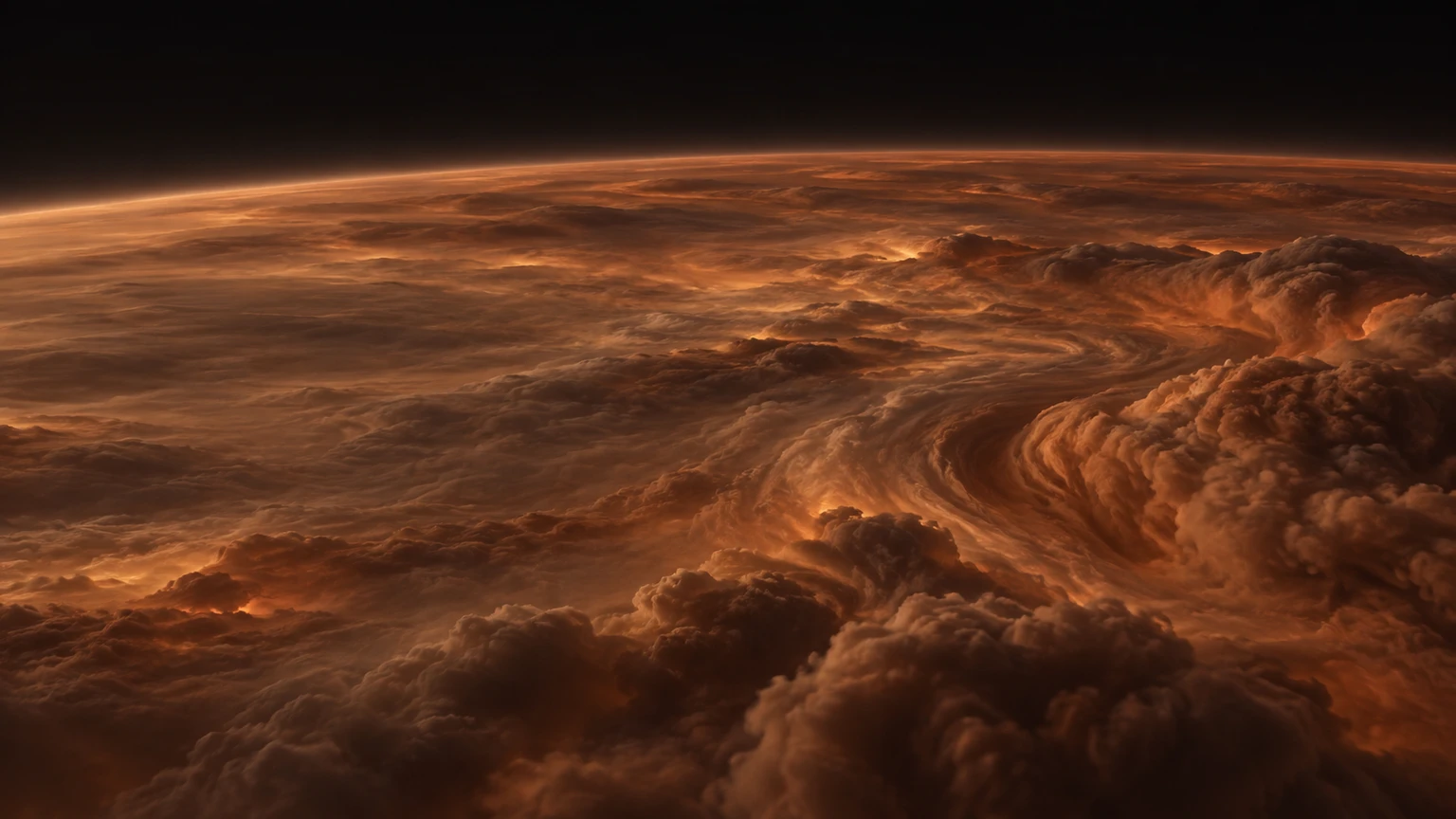 An imagined panorama above A’s condensate clouds. Cloud heights, shapes and colors are not directly mapped. Exposure is enhanced to reveal a warm atmosphere whose radiation emerges mainly in the infrared.