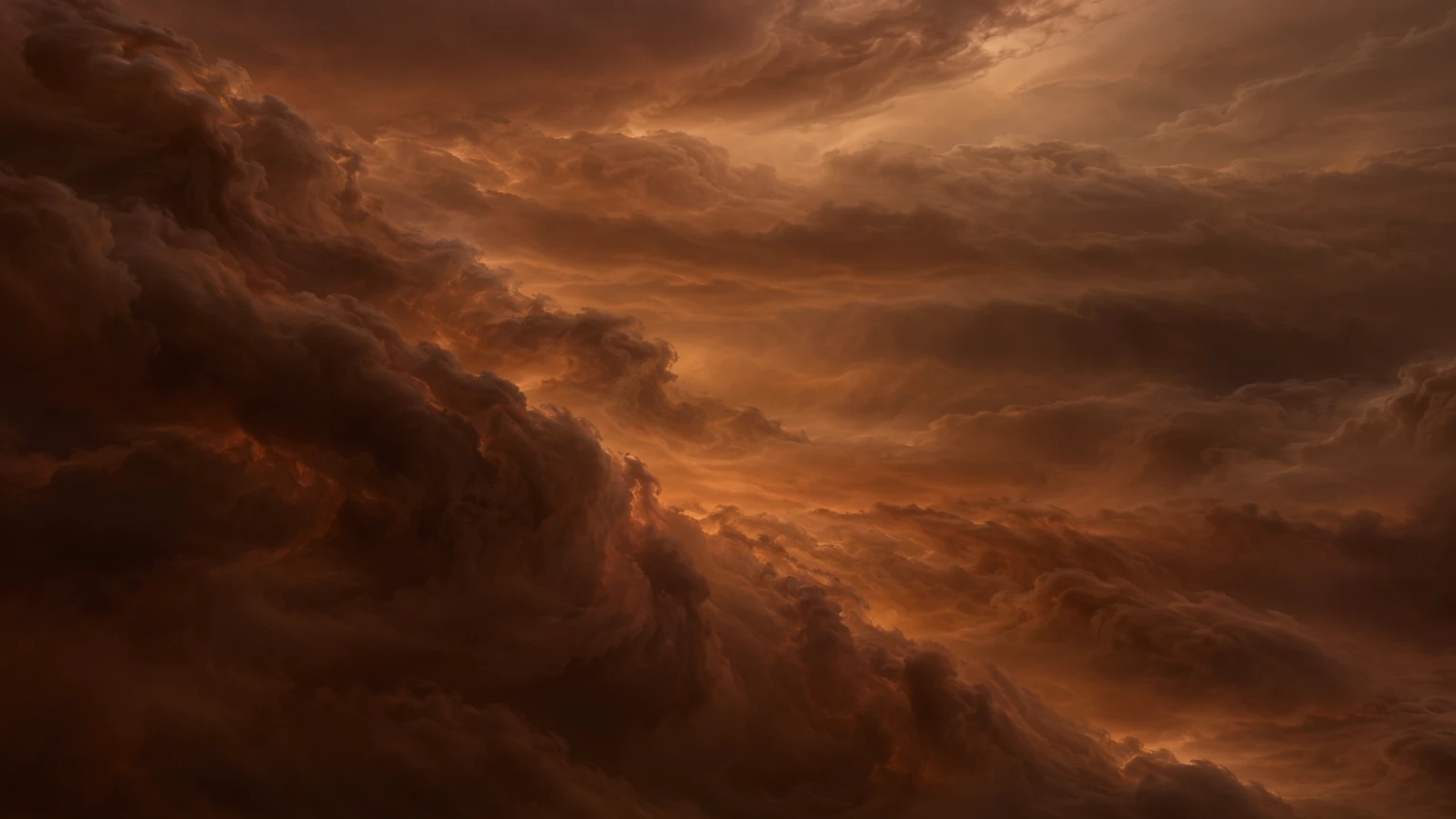An imagined descent between cloud layers, illuminated by heat from deeper gas. The composition is inspired by brown-dwarf atmosphere studies; this particular weather and viewing altitude are fictional. There is no solid landscape here.
