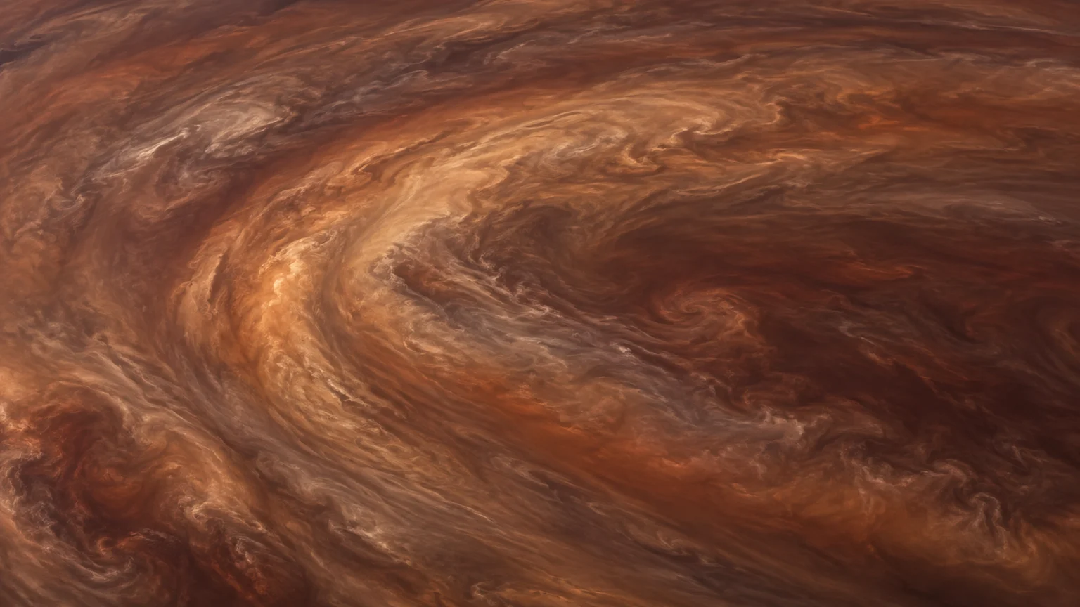 An imagined atmospheric swirl on Luhman 16 A, seen from above. Cloud structure and color are hypothetical; enhanced exposure makes the layers visible.