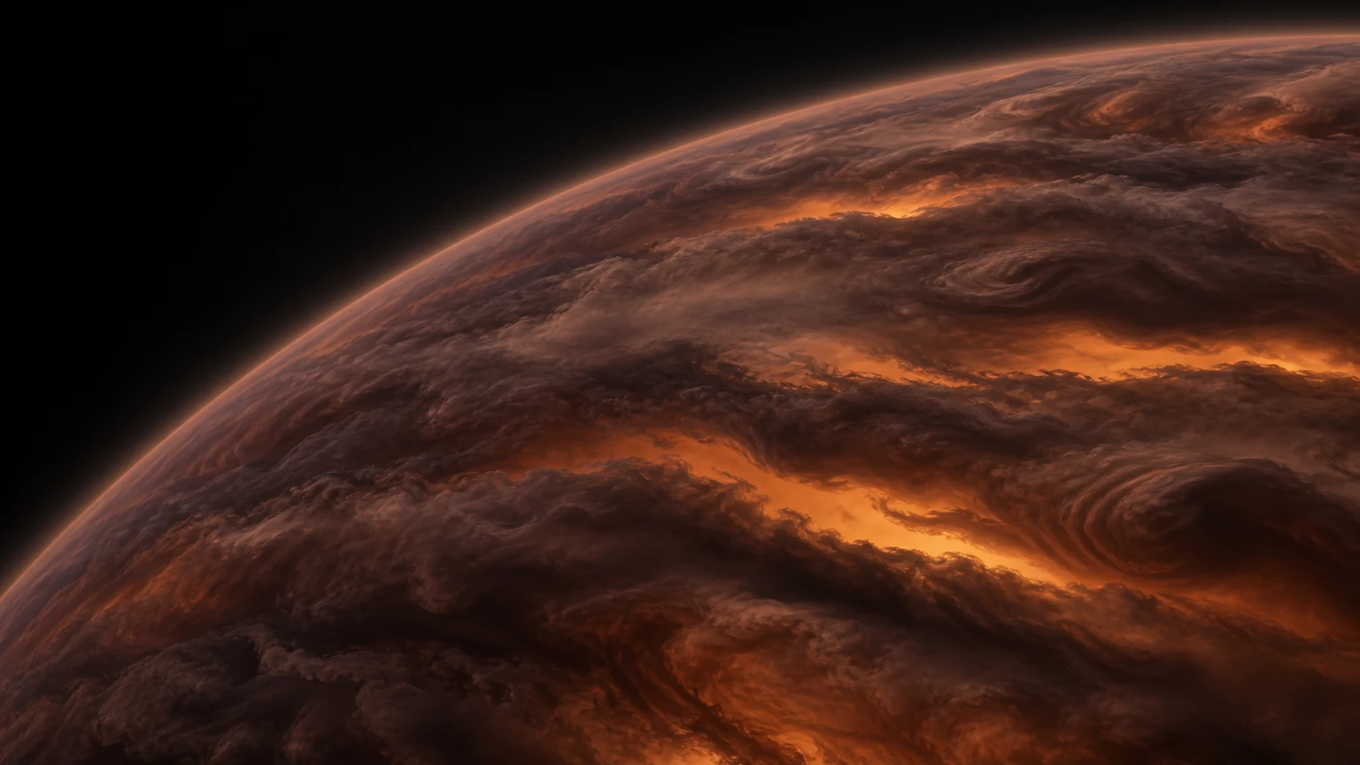 An imagined view of patchy cloud cover with warmer atmospheric layers visible through openings. Research supports brightness variations and cloud structure, not this exact arrangement. Color and exposure are illustrative.