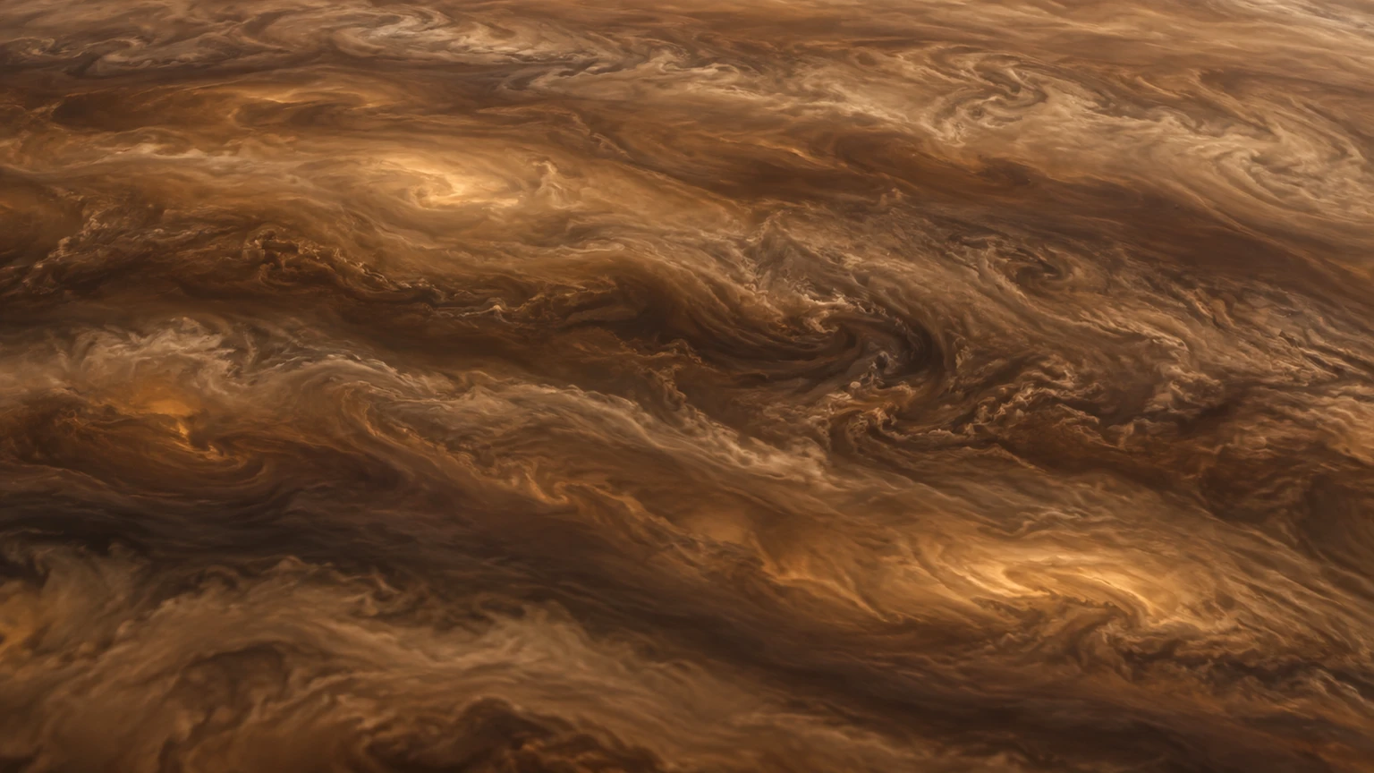 An imagined overhead view of cloud bands and turbulent filaments. This is not the published Doppler map: its detailed swirls are fictional. All visible structures are atmospheric, with no solid surface beneath the frame.