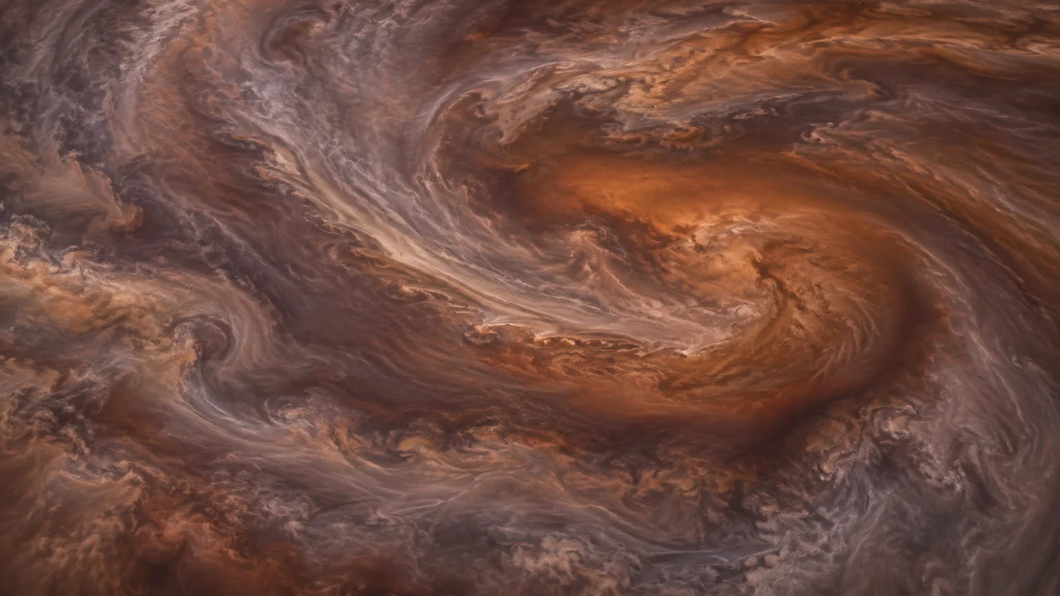 An imagined atmospheric swirl on Luhman 16 B, seen from above. Cloud structure and color are hypothetical; enhanced exposure makes the layers visible.