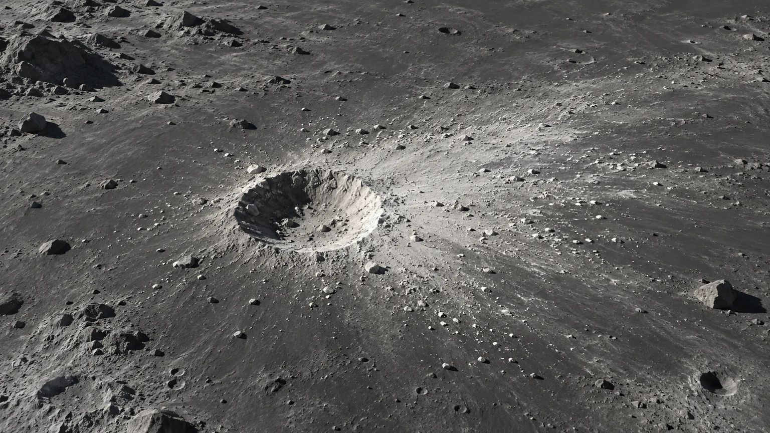 A small crisp lunar impact crater with an asymmetric spread of pale ejecta and scattered blocks on gray regolith. An artistic reconstruction of Luna; local detail, lighting and viewpoint are imagined.