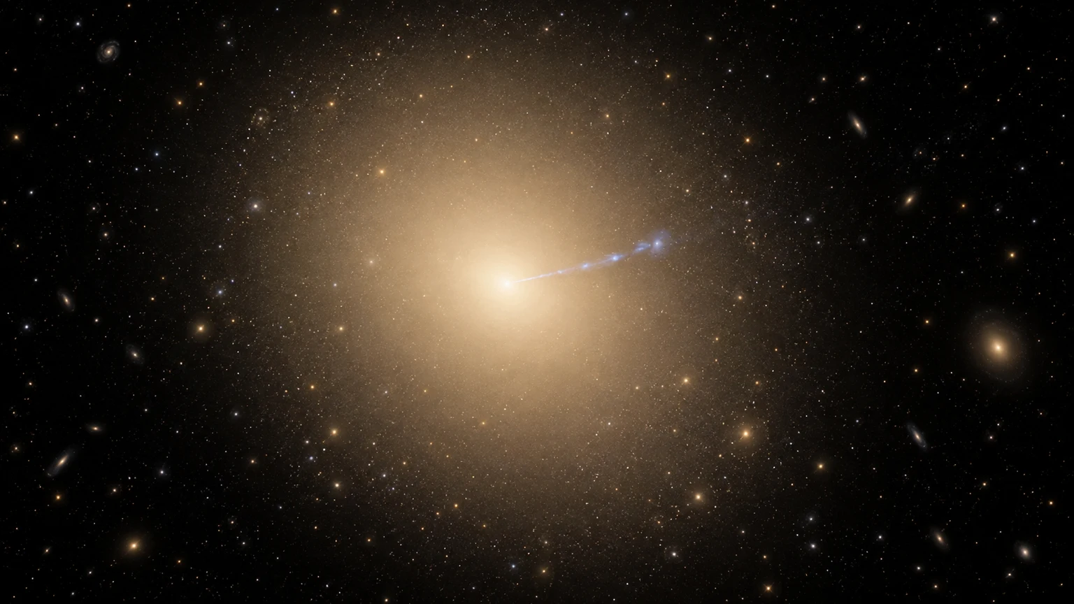 Artist’s reconstruction of M87’s diffuse stellar body and central activity. Relative brightness is illustrative.