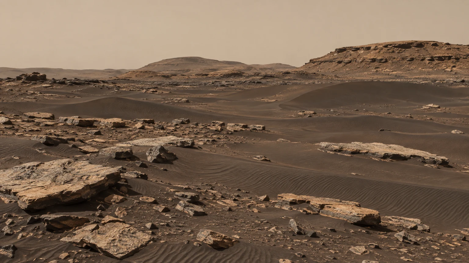 An imagined view of dark sand ripples and scattered sedimentary slabs. The dusty sky and subdued colors suggest ordinary Martian daylight.