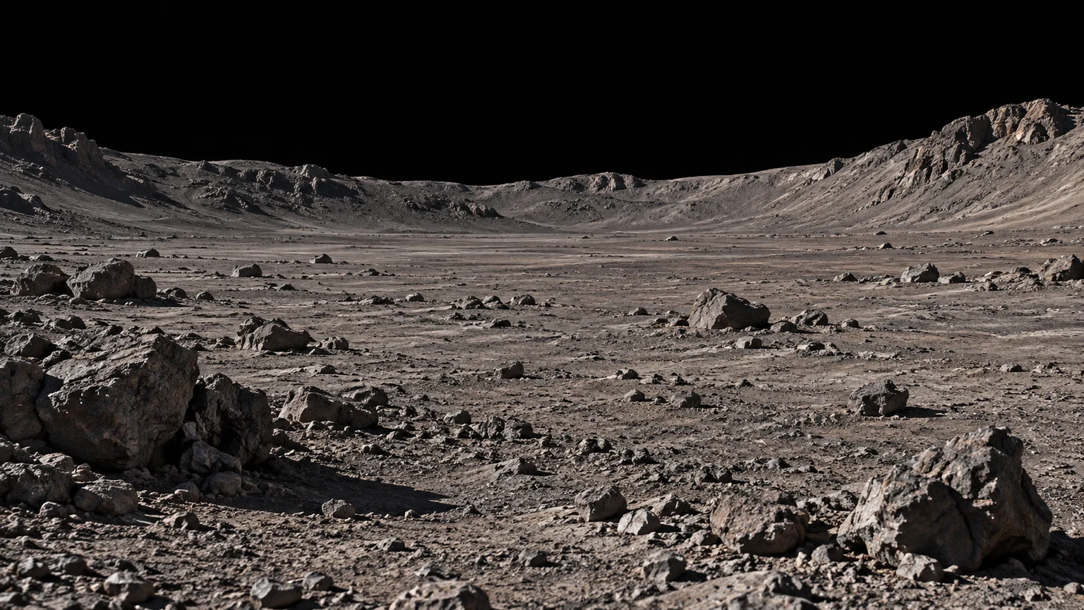 An imagined crater hollow on Metis. Local rocks, relief and surface texture are artistic reconstructions, not a surveyed landing site.