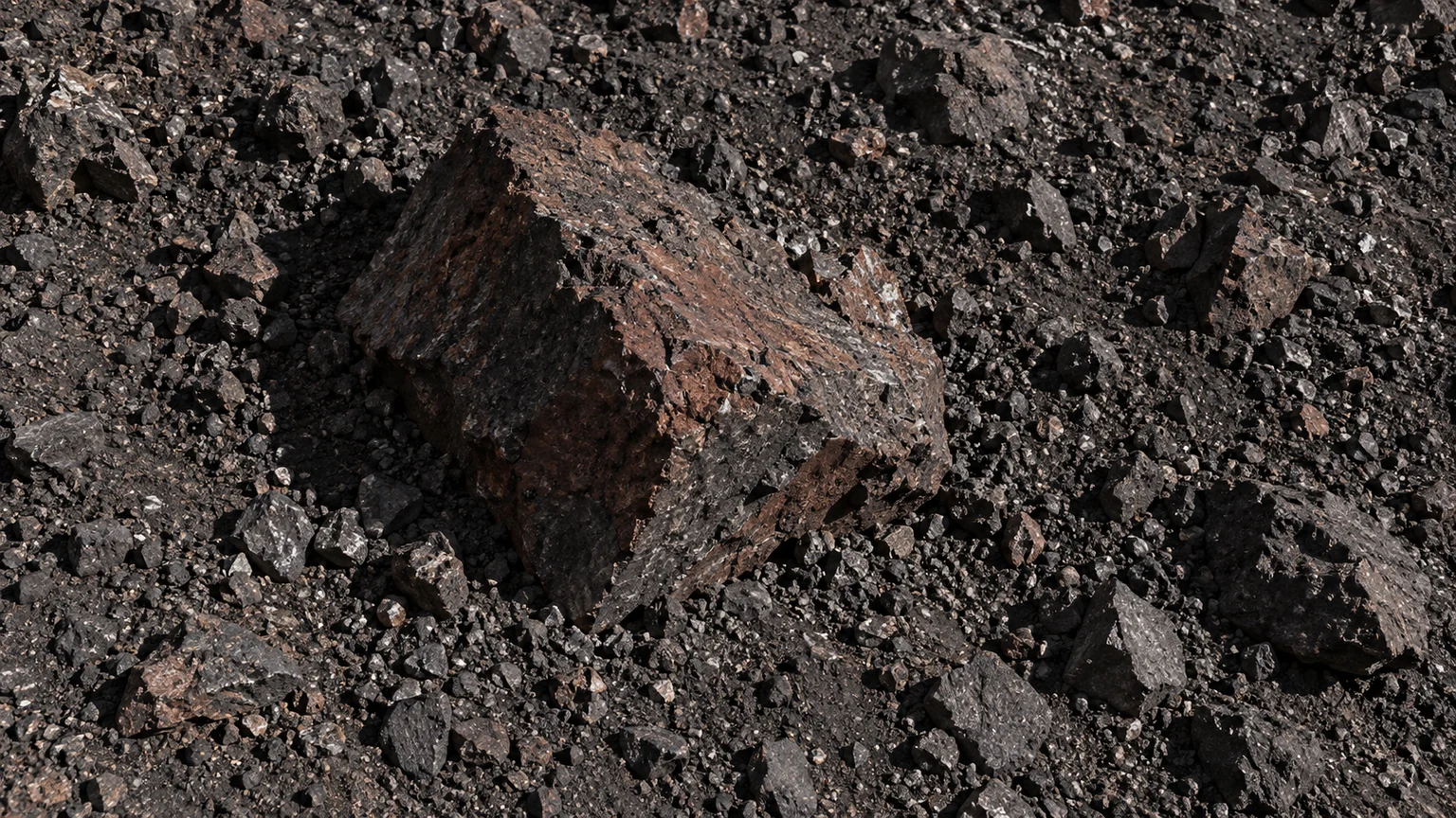 One dark reddish angular fragment surrounded by finer charcoal debris. An artistic reconstruction of Metis; local detail, lighting and viewpoint are imagined.