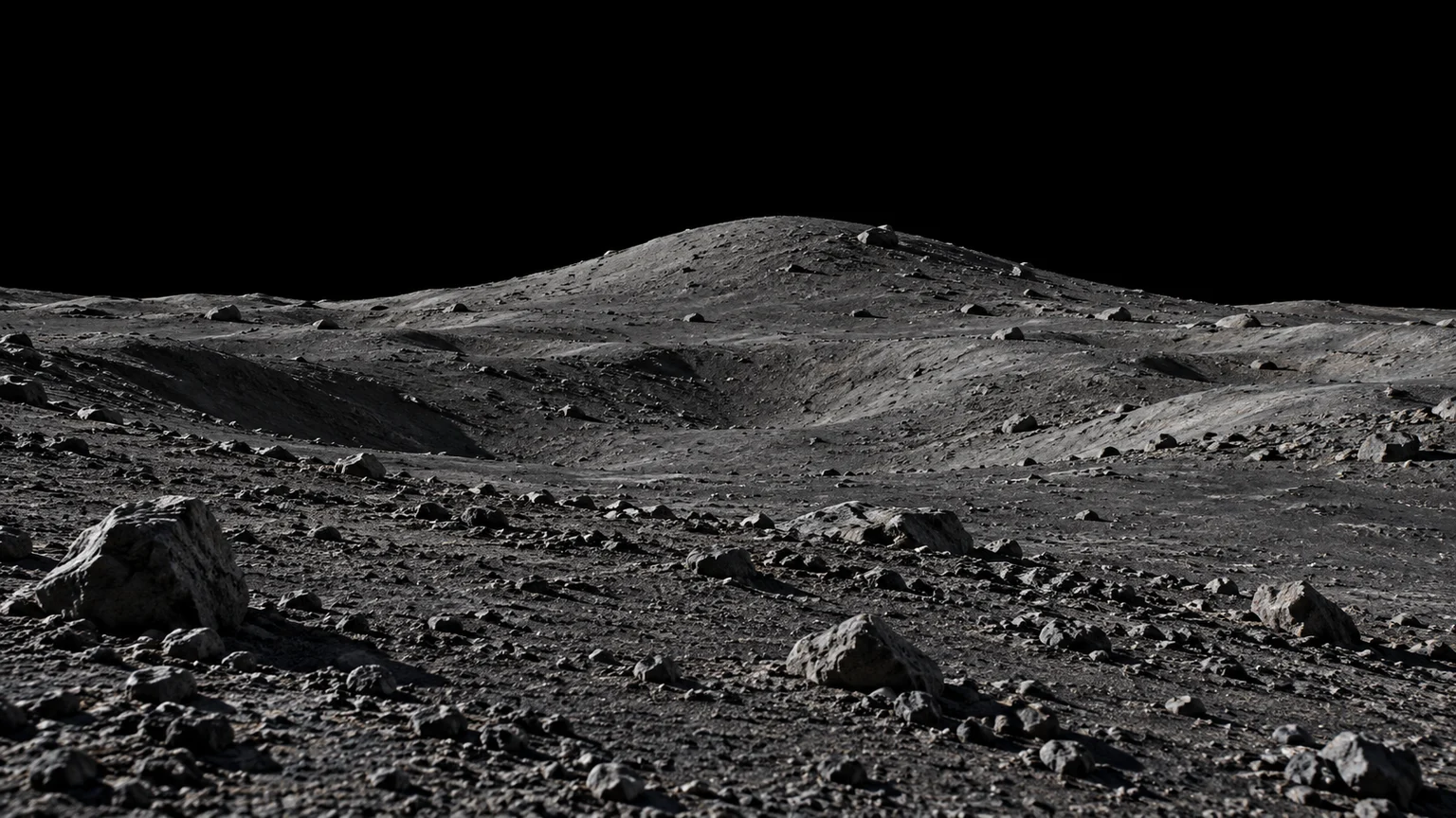 An imagined view across Naiad’s uneven exterior. The terrain and illumination are illustrative, not a spacecraft panorama.