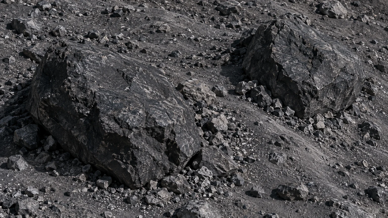 A pair of dark squat boulders with pebbles gathered at their bases. An artistic reconstruction of Naiad; local detail, lighting and viewpoint are imagined.