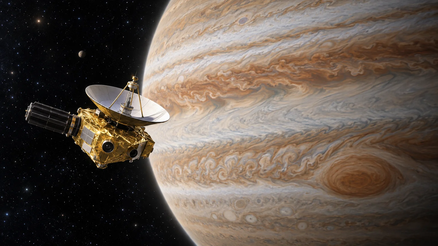 An artistic view of New Horizons at Jupiter. The spacecraft and cloudscape evoke its gravity-assist encounter; geometry and lighting are illustrative.