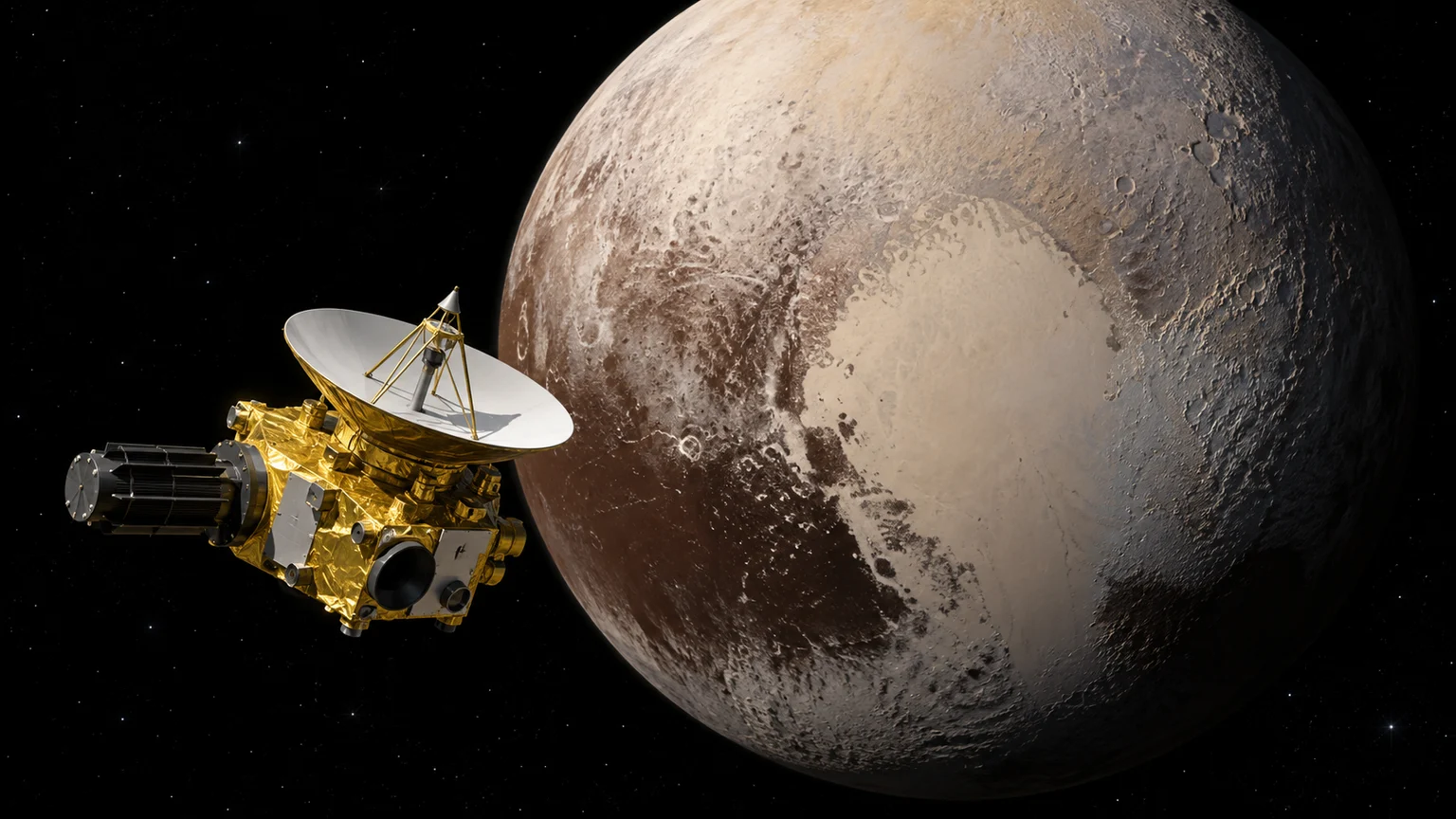 An imagined view of the Pluto encounter. The bright ice region draws on Pluto’s observed appearance; spacecraft position and lighting are illustrative.