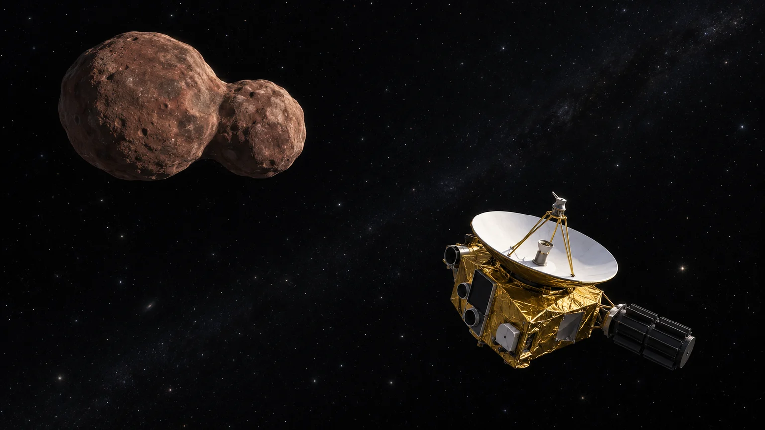 An artistic reconstruction of the Arrokoth encounter. Its joined lobes reflect the observed form; fine terrain and viewing geometry are illustrative.
