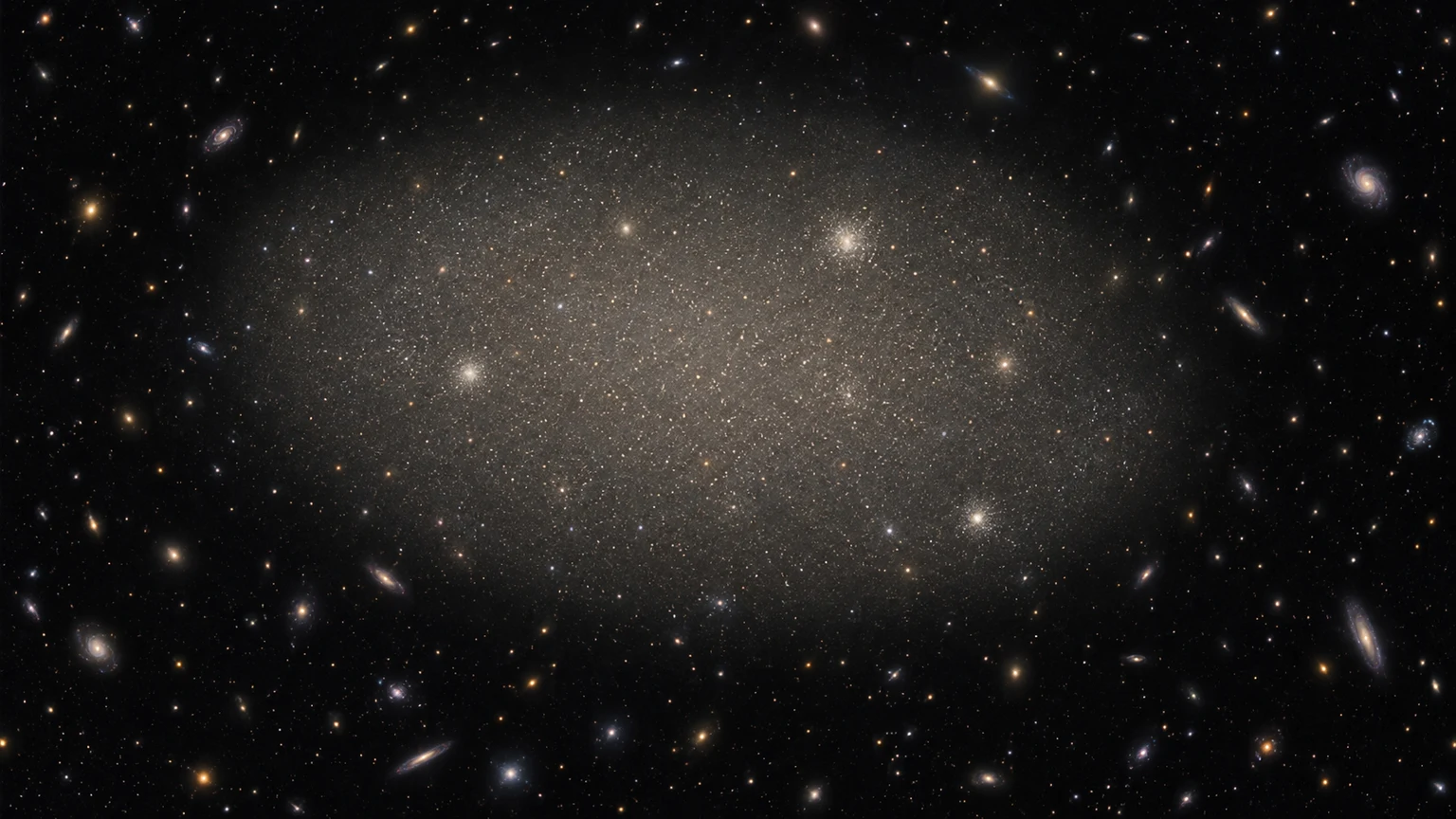 AI-generated artistic study inspired by NGC 1052-DF2. Shape, brightness, star positions and viewpoint are illustrative; not a telescope photograph or observational map.