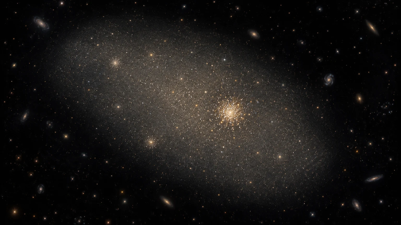 AI-generated artistic study inspired by NGC 1052-DF2. Shape, brightness, star positions and viewpoint are illustrative; not a telescope photograph or observational map.