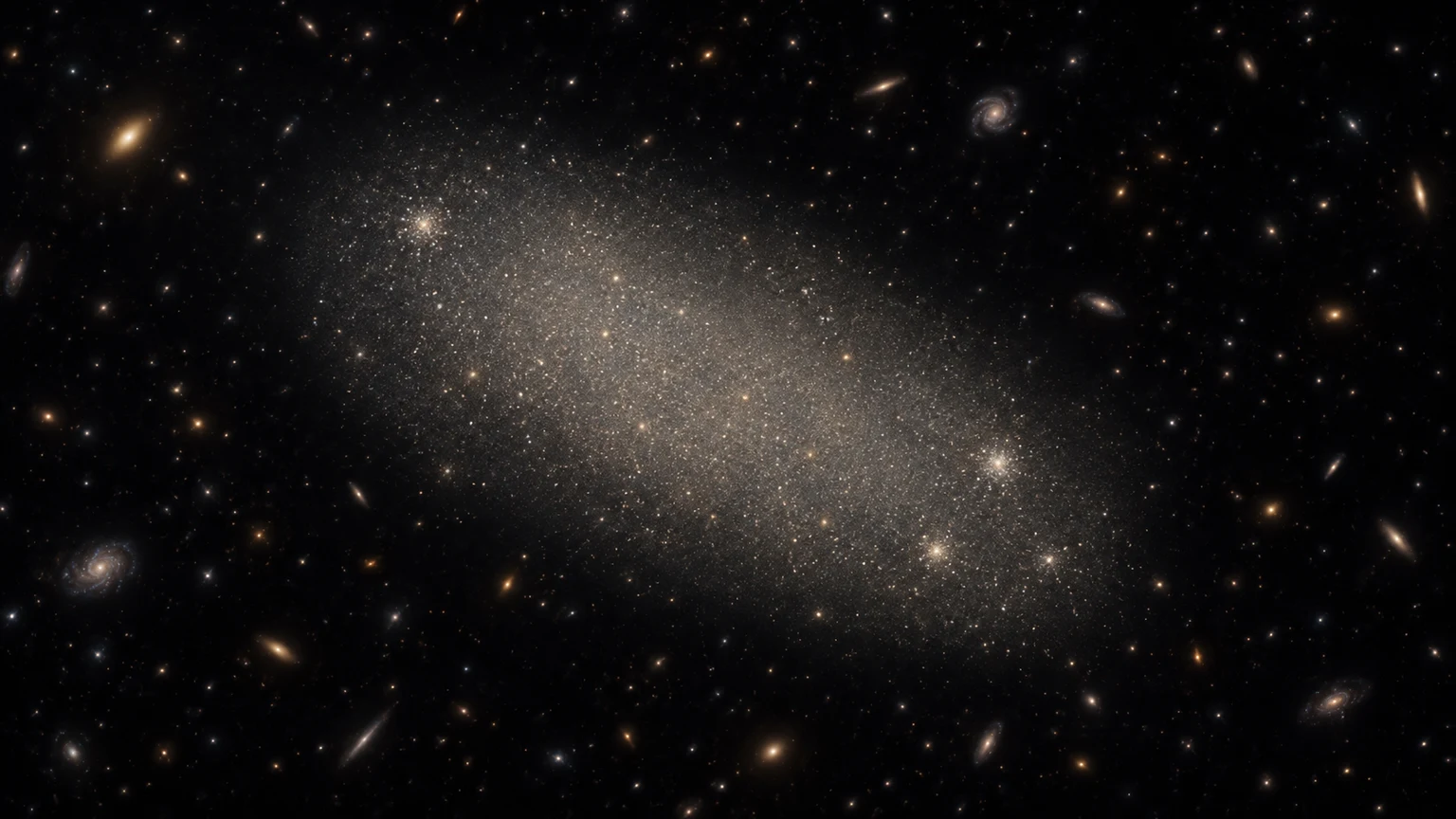 AI-generated artistic study inspired by NGC 1052-DF2. Shape, brightness, star positions and viewpoint are illustrative; not a telescope photograph or observational map.