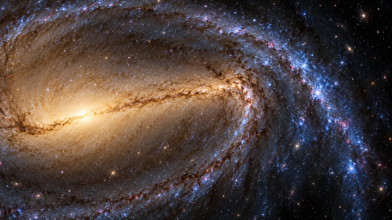 Hypothetical close view of a bar end meeting a spiral arm, with young stars and dust. Not an observational map.