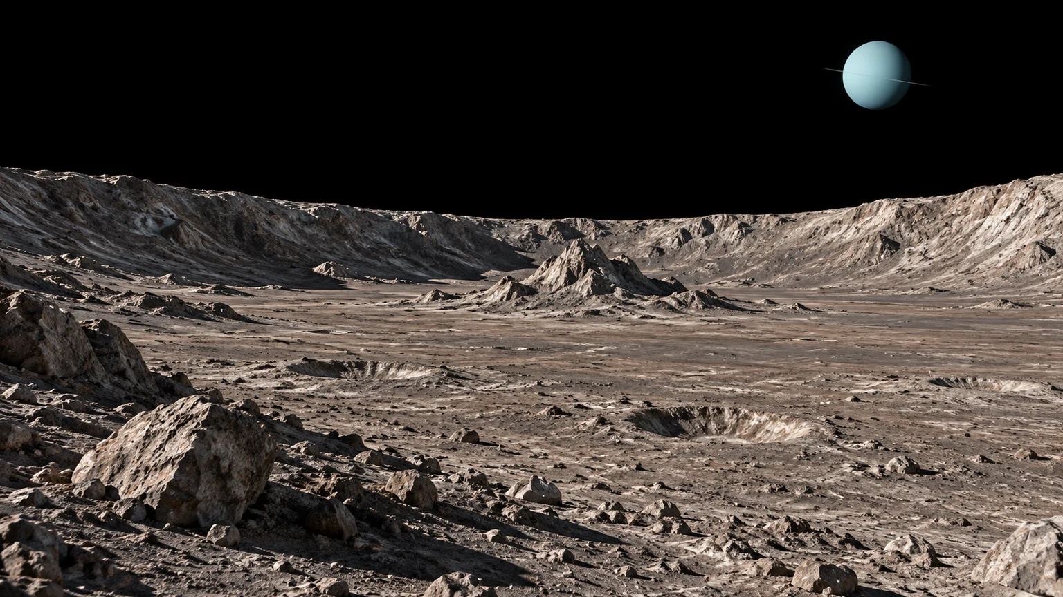 An artist’s reconstruction of an impact basin on Oberon’s Uranus-facing side. The crater, nearby blocks, lighting and appearance of Uranus are illustrative rather than a mapped surface view.