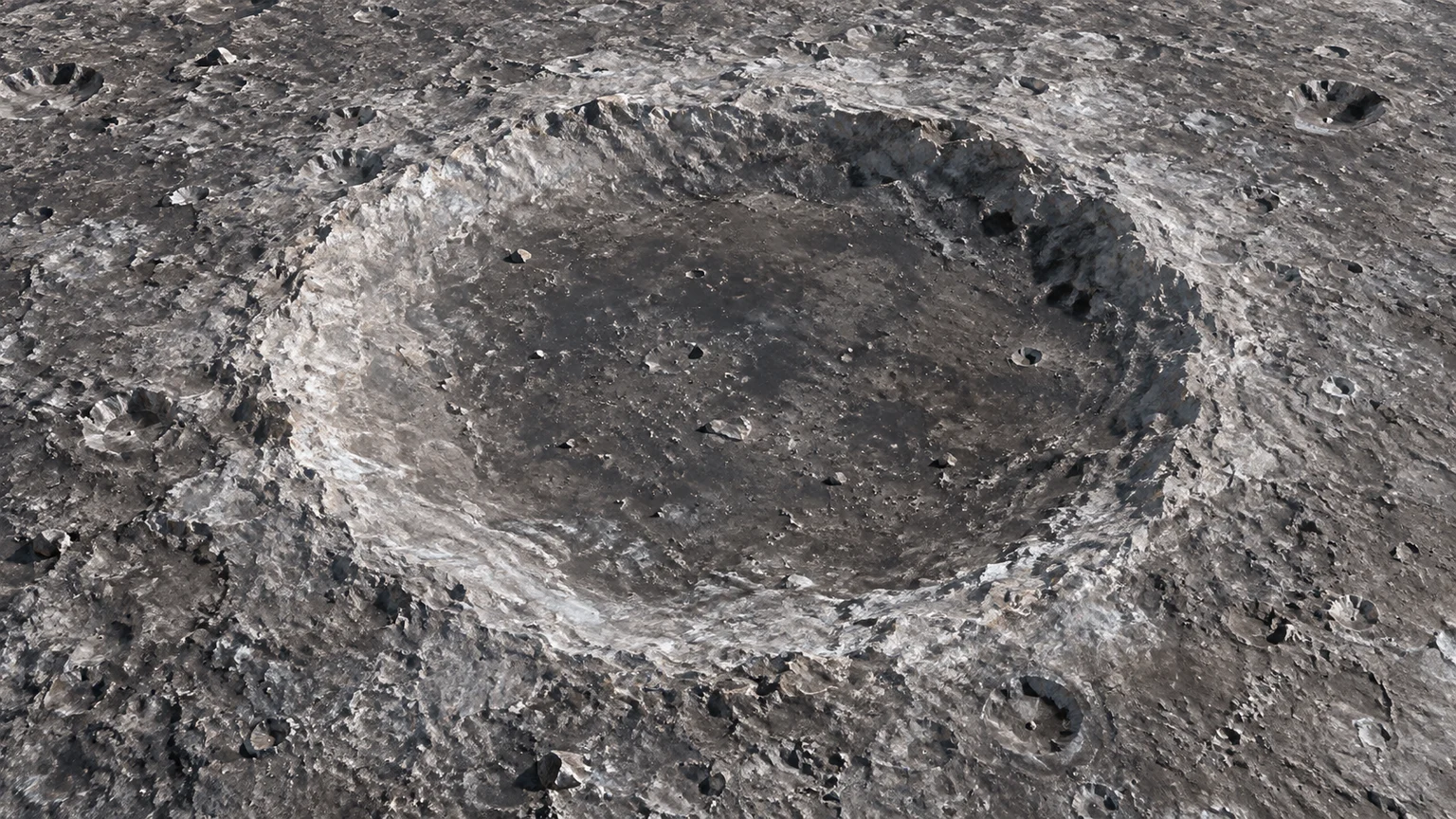 An old small icy impact crater with a muted dark floor and pale weathered rim. An artistic reconstruction of Oberon; local detail, lighting and viewpoint are imagined.
