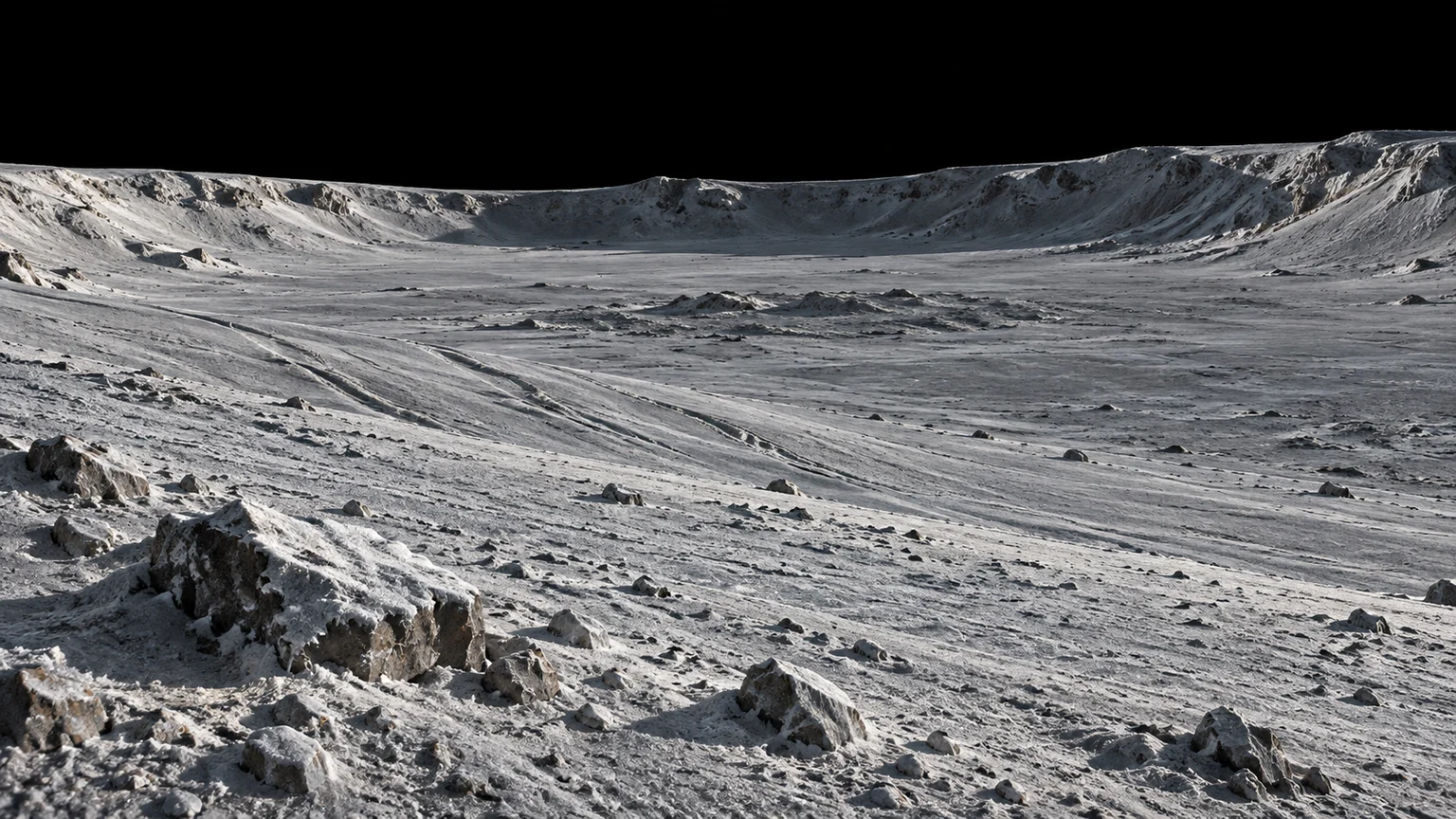 An artist’s reconstruction inspired by Pandora’s fine icy surface debris. Crater shapes, shallow grooves and the ground-level viewpoint are imagined.