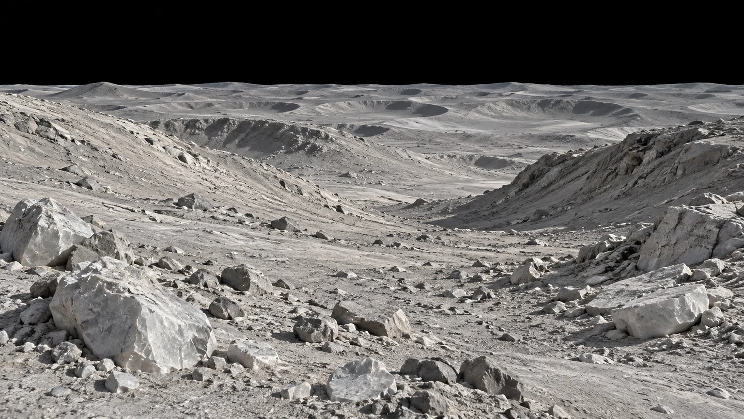 An imagined landscape across Pandora’s muted icy relief. Local slopes, fragments and illumination are artistic interpretations, not mapped ground features.