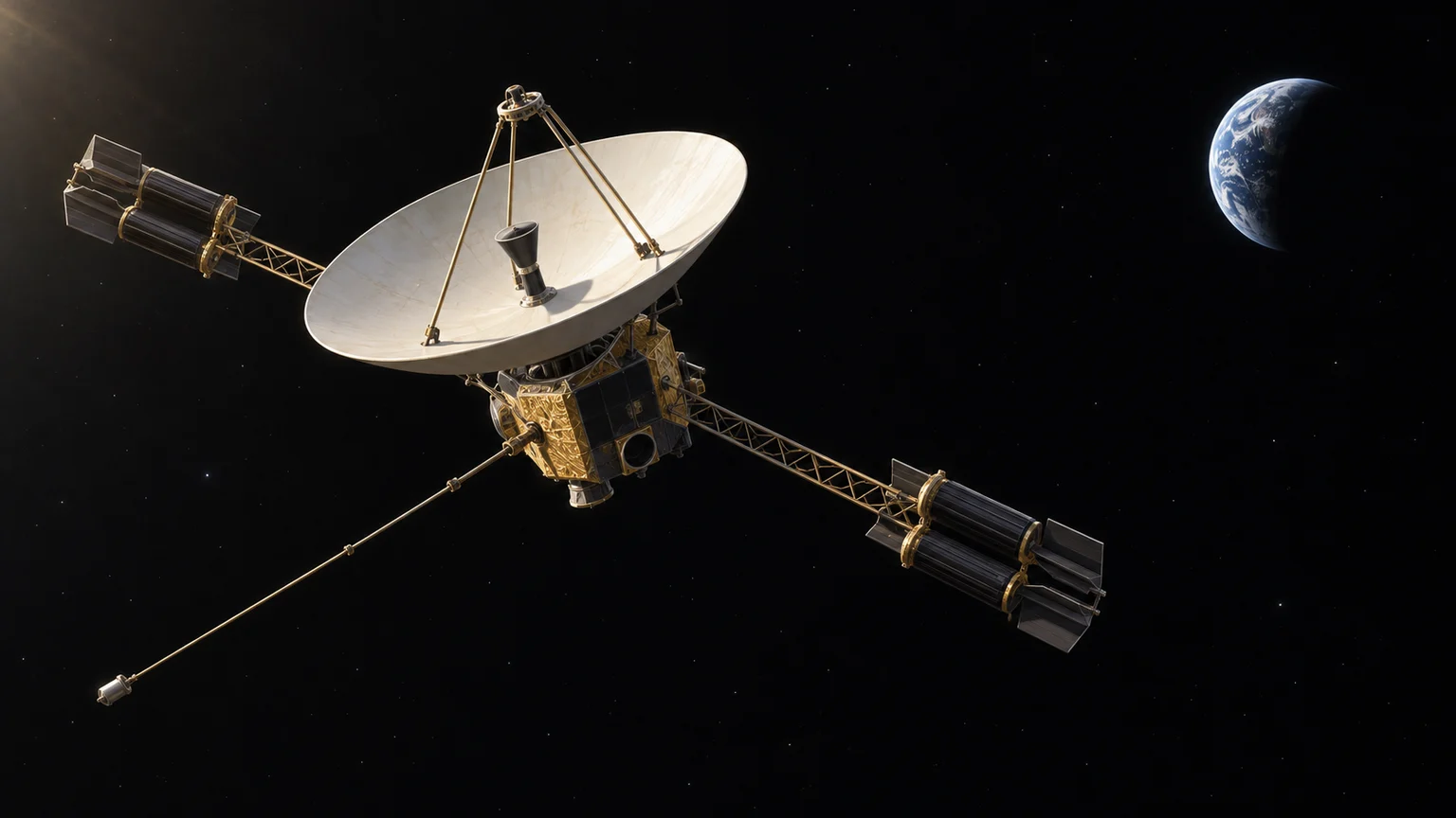An imagined departure from Earth. The spacecraft, distant crescent and lighting illustrate the beginning of Pioneer 10’s journey.