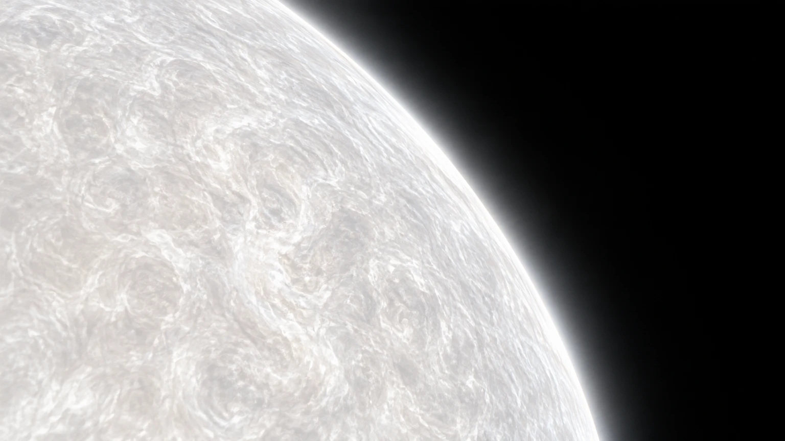 A hypothetical view along the white dwarf’s curved limb. Exposure is compressed to show delicate structure. No surface geography or exposed carbon–oxygen core is represented.