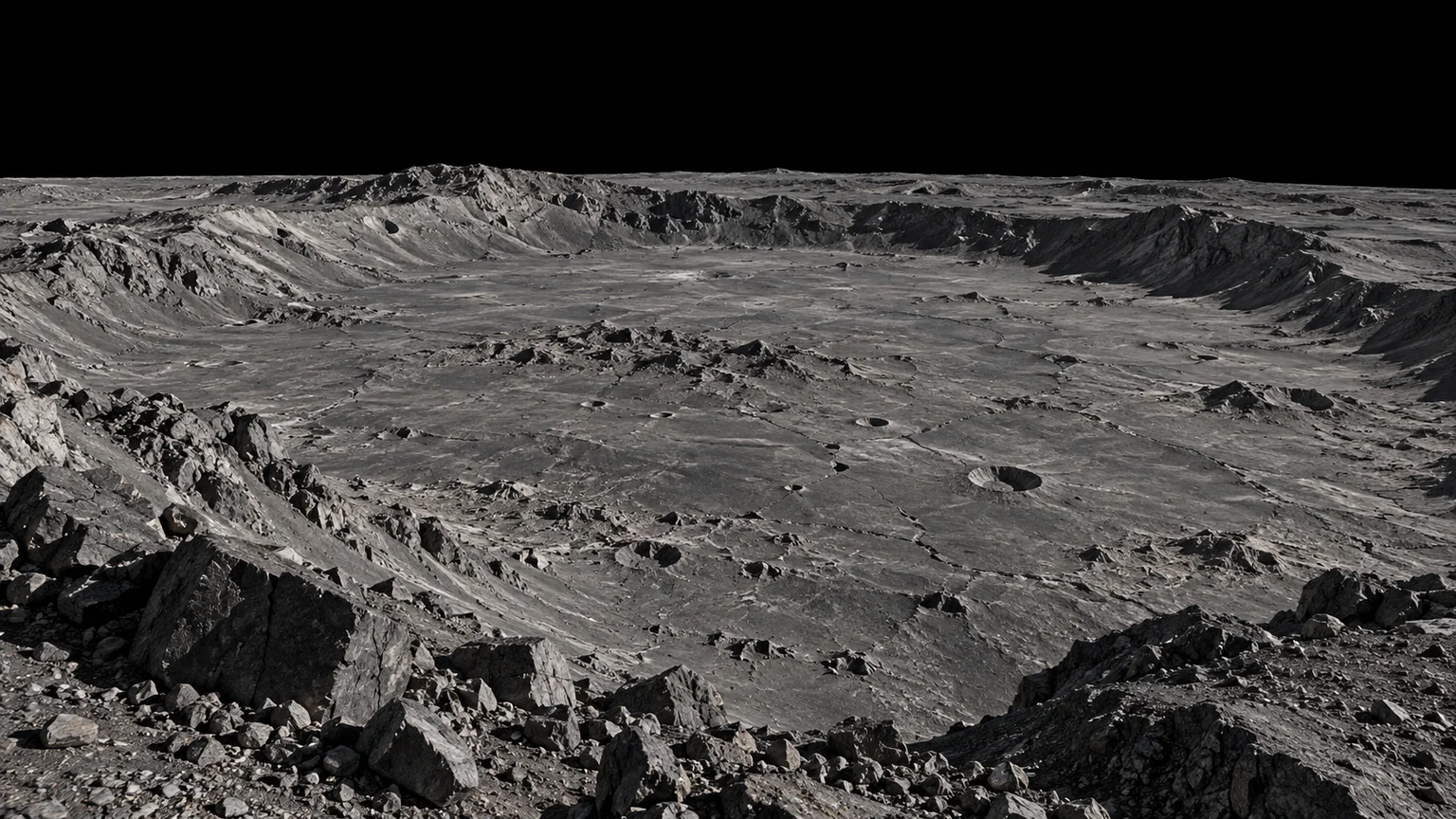 An artist’s reconstruction inspired by Proteus’s large impact scar. The basin floor, smaller craters and local relief are imagined from limited spacecraft views.