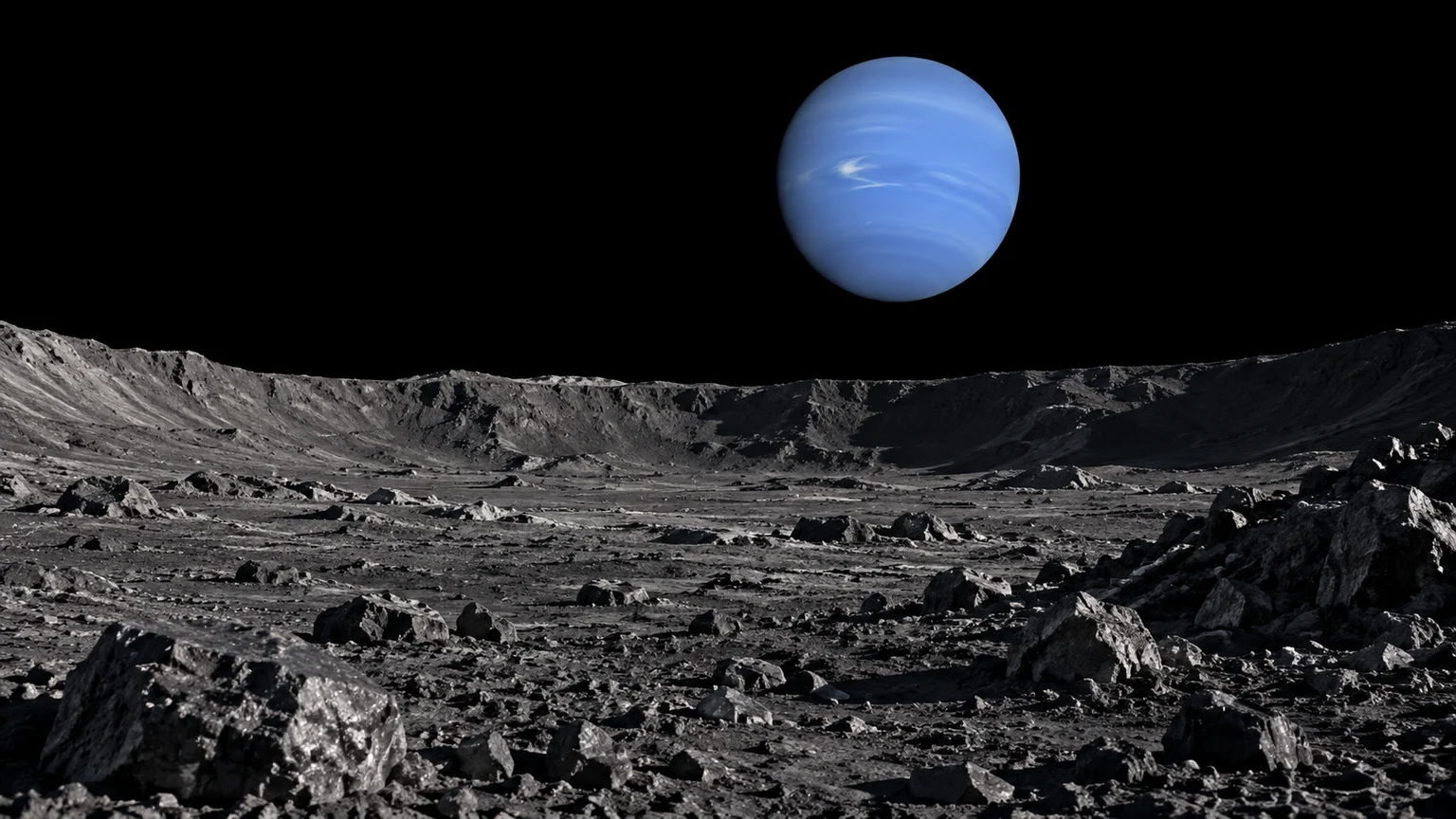 An imagined landscape on Proteus with Neptune above the horizon. Local terrain, lighting, atmospheric markings on Neptune and the viewpoint are artistic interpretations.