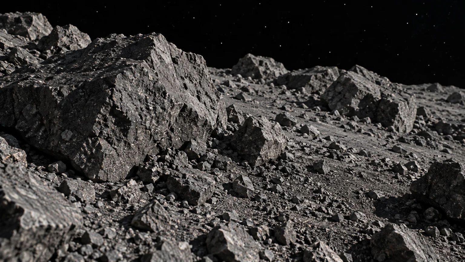 Dark gray angular impact rubble with rough pitted faces and fine regolith between. An artistic reconstruction of Proteus; local detail, lighting and viewpoint are imagined.