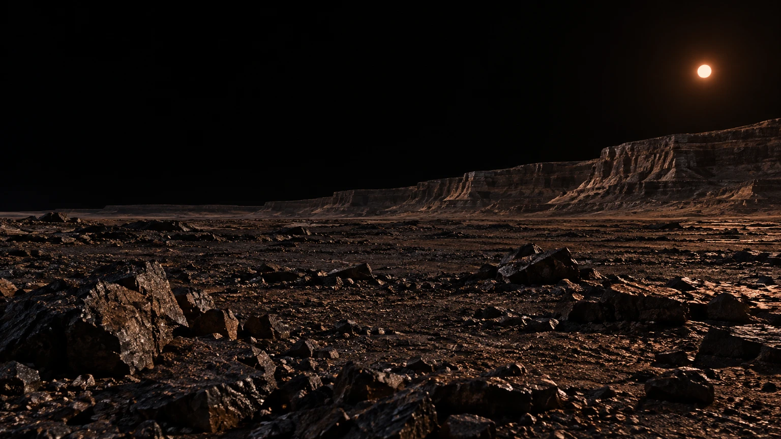 A hypothetical rocky, airless plain under Proxima’s light. The escarpment and dark minerals are invented; the planet’s actual composition, atmosphere and surface appearance are unknown.