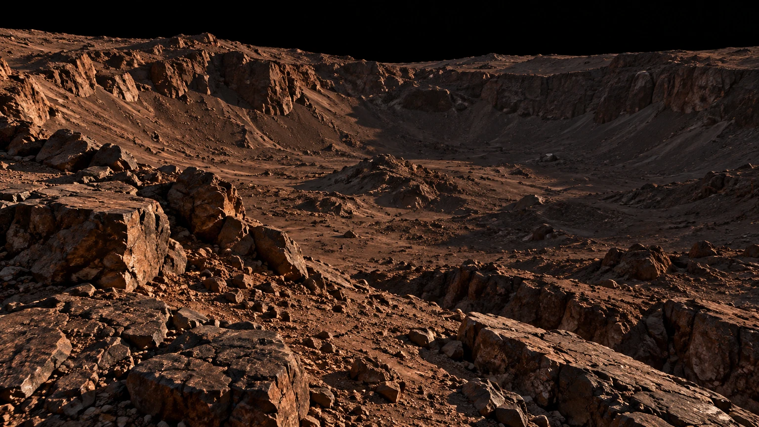 A possible ground-level scene with fractured rock and sharp shadows in an airless setting. No crater or landing site on Proxima d has been mapped; this image does not establish its geology.