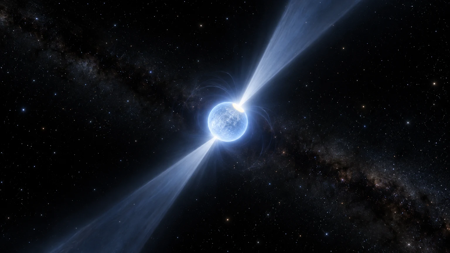 Conceptual artist’s impression of a pulsar. Beams and magnetic structure are visual explanations, not resolved visible-light features or measured geometry. No accretion disk is implied.