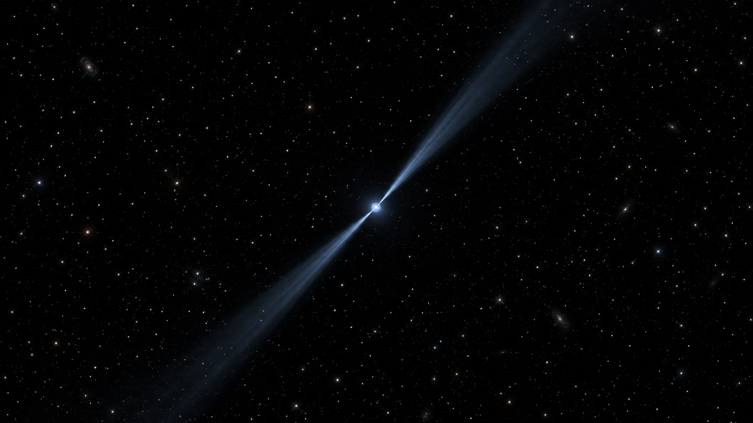 Conceptual artist’s impression of a pulsar. Beams and magnetic structure are visual explanations, not resolved visible-light features or measured geometry. No accretion disk is implied.