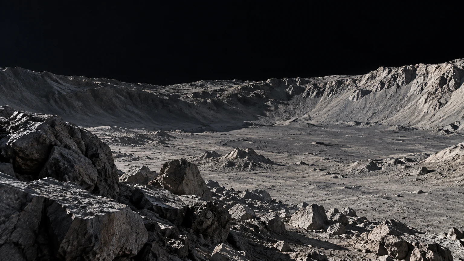 Hypothetical artist’s impression of Draugr. An exposed rocky basin is one possible visual scenario. The terrain, composition, lighting and airless appearance are not observations of this planet. Any visible beam is a conceptual depiction of pulsar radiation.