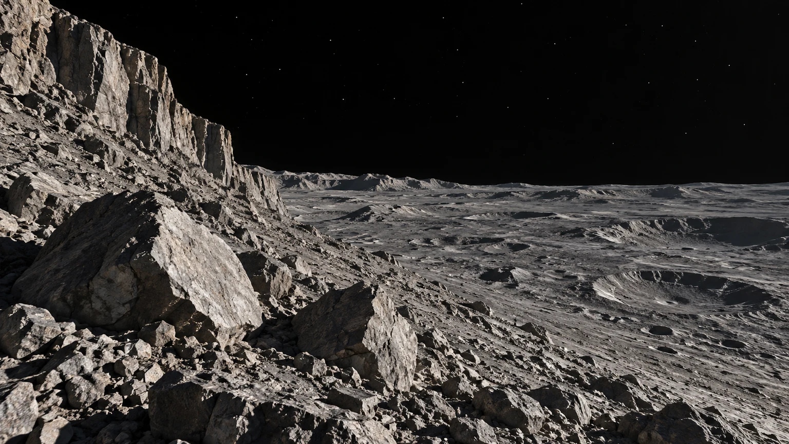 Hypothetical artist’s impression of Draugr. Cliffs and rubble provide an imagined close perspective. The terrain, composition, lighting and airless appearance are not observations of this planet. Any visible beam is a conceptual depiction of pulsar radiation.