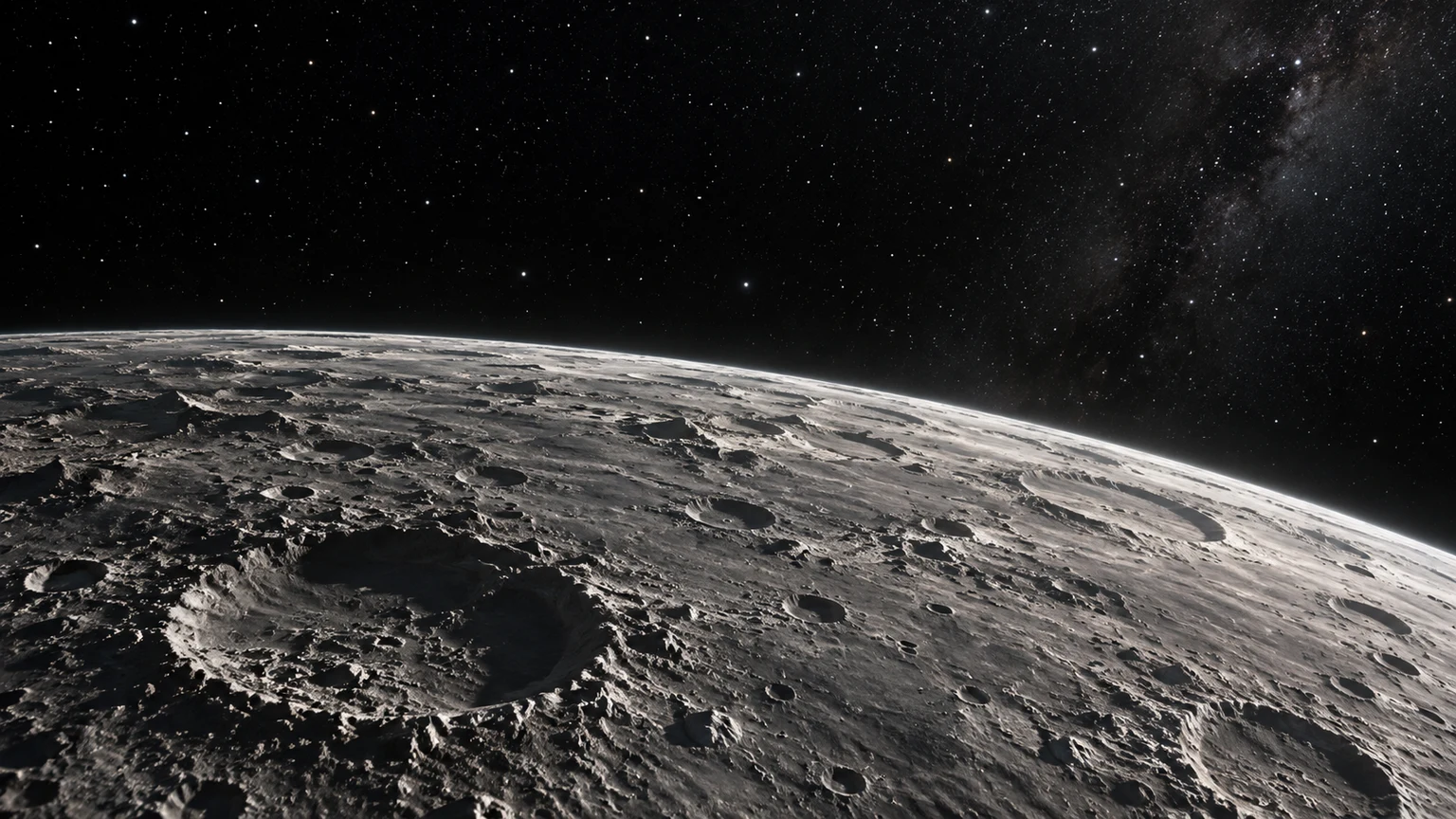 Hypothetical artist’s impression of Draugr. A high view reveals a fictional cratered landscape. The terrain, composition, lighting and airless appearance are not observations of this planet. Any visible beam is a conceptual depiction of pulsar radiation.
