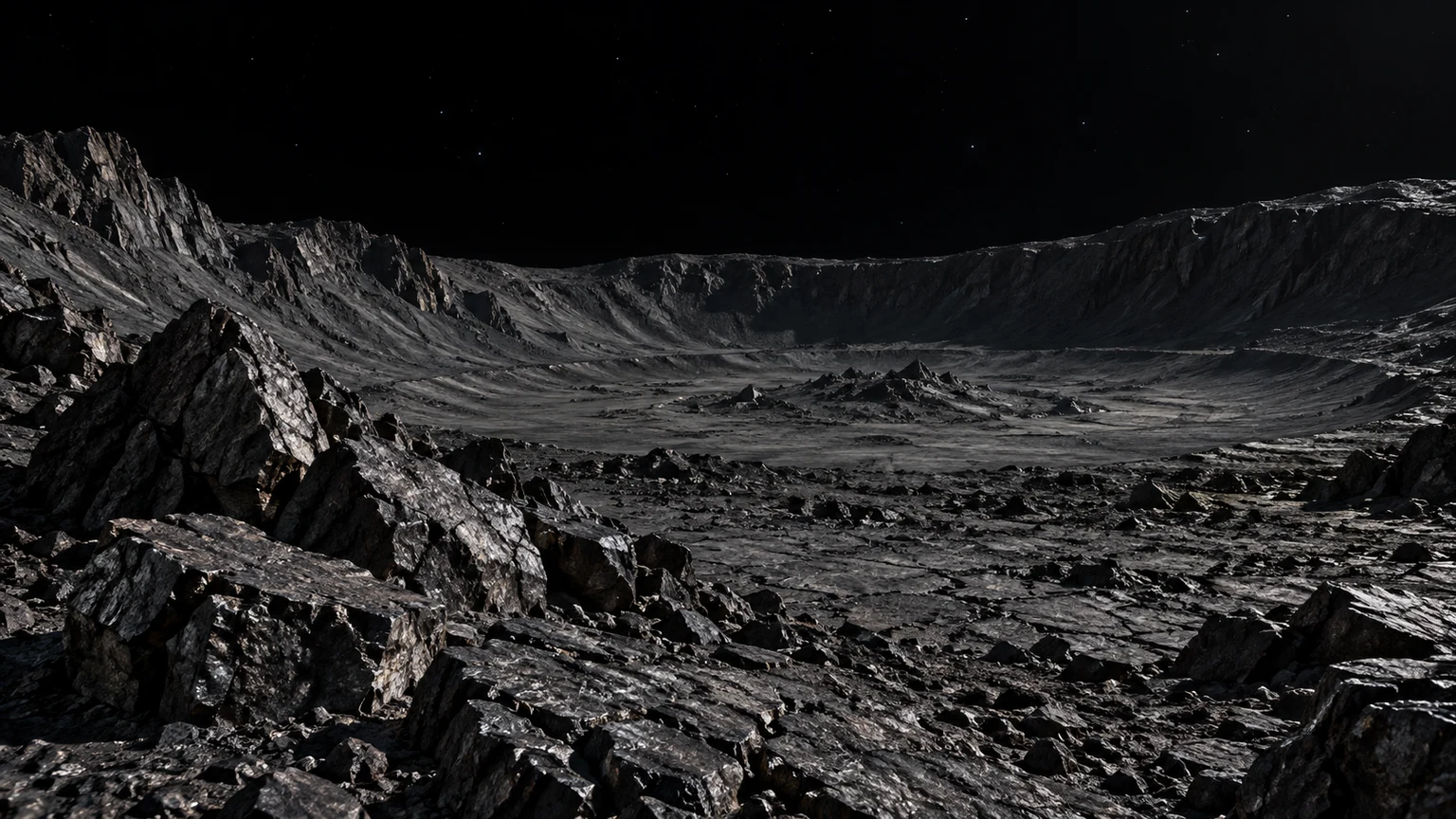 Hypothetical artist’s impression of Poltergeist. An exposed rocky basin is one possible visual scenario. The terrain, composition, lighting and airless appearance are not observations of this planet. Any visible beam is a conceptual depiction of pulsar radiation.