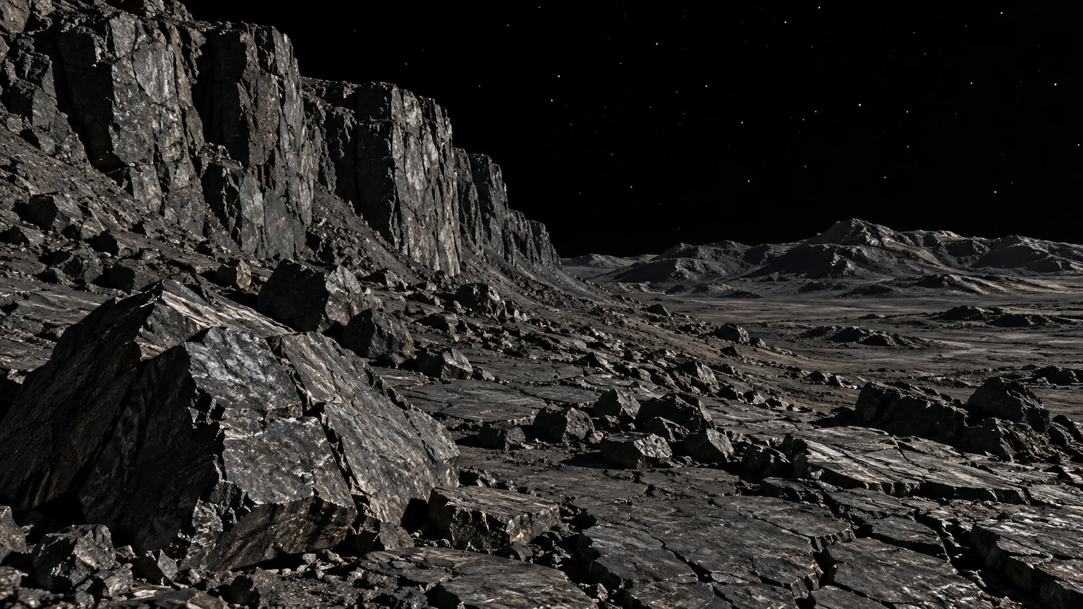 Hypothetical artist’s impression of Poltergeist. Cliffs and rubble provide an imagined close perspective. The terrain, composition, lighting and airless appearance are not observations of this planet. Any visible beam is a conceptual depiction of pulsar radiation.