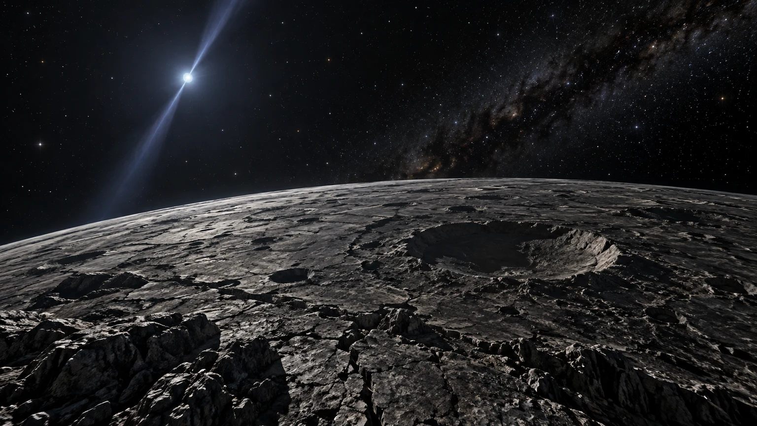 Hypothetical artist’s impression of Poltergeist. A high view reveals a fictional cratered landscape. The terrain, composition, lighting and airless appearance are not observations of this planet. Any visible beam is a conceptual depiction of pulsar radiation.