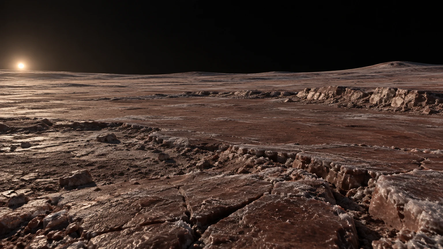 Hypothetical ground-level landscape of Quaoar. Color and broad material choices follow remote observations; terrain, lighting and local details are artistic interpretation, not a mapped or photographed site.
