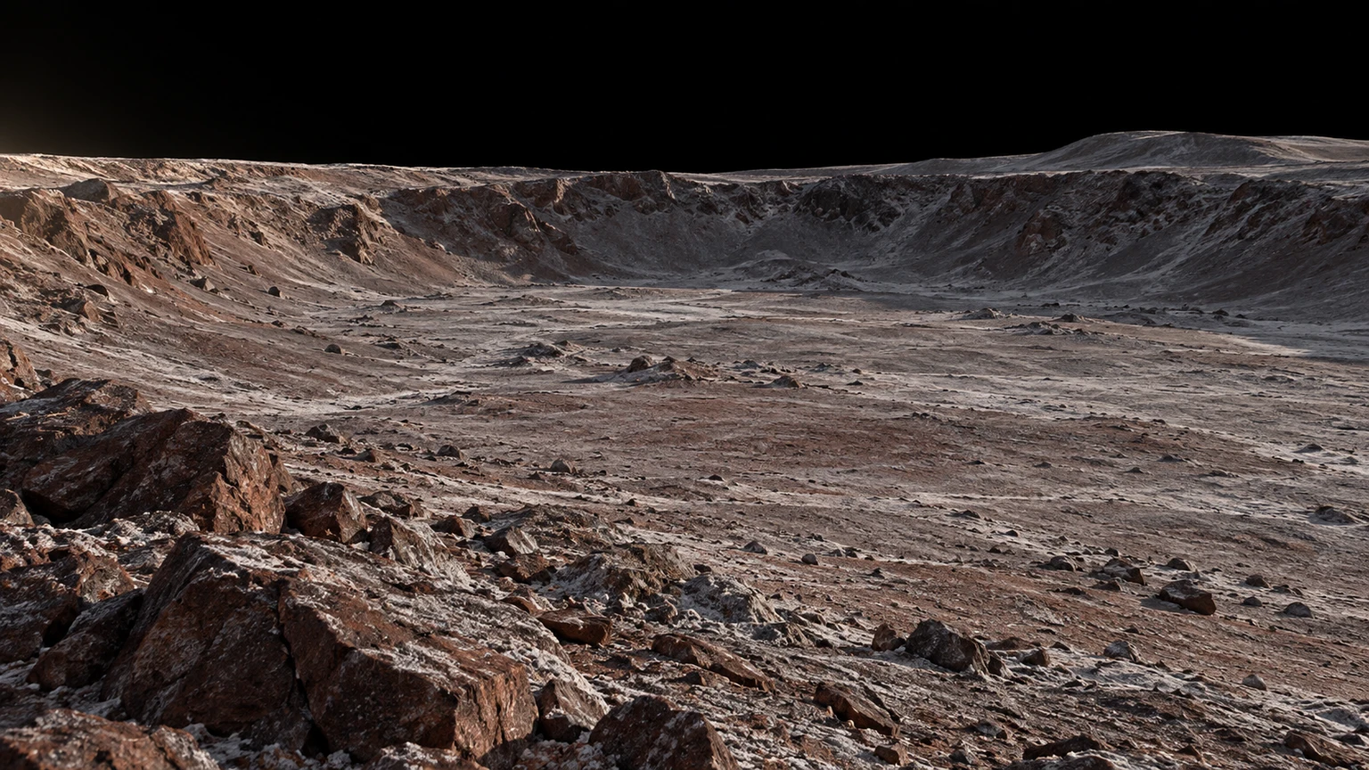 Hypothetical ground-level landscape of Quaoar. Color and broad material choices follow remote observations; terrain, lighting and local details are artistic interpretation, not a mapped or photographed site.