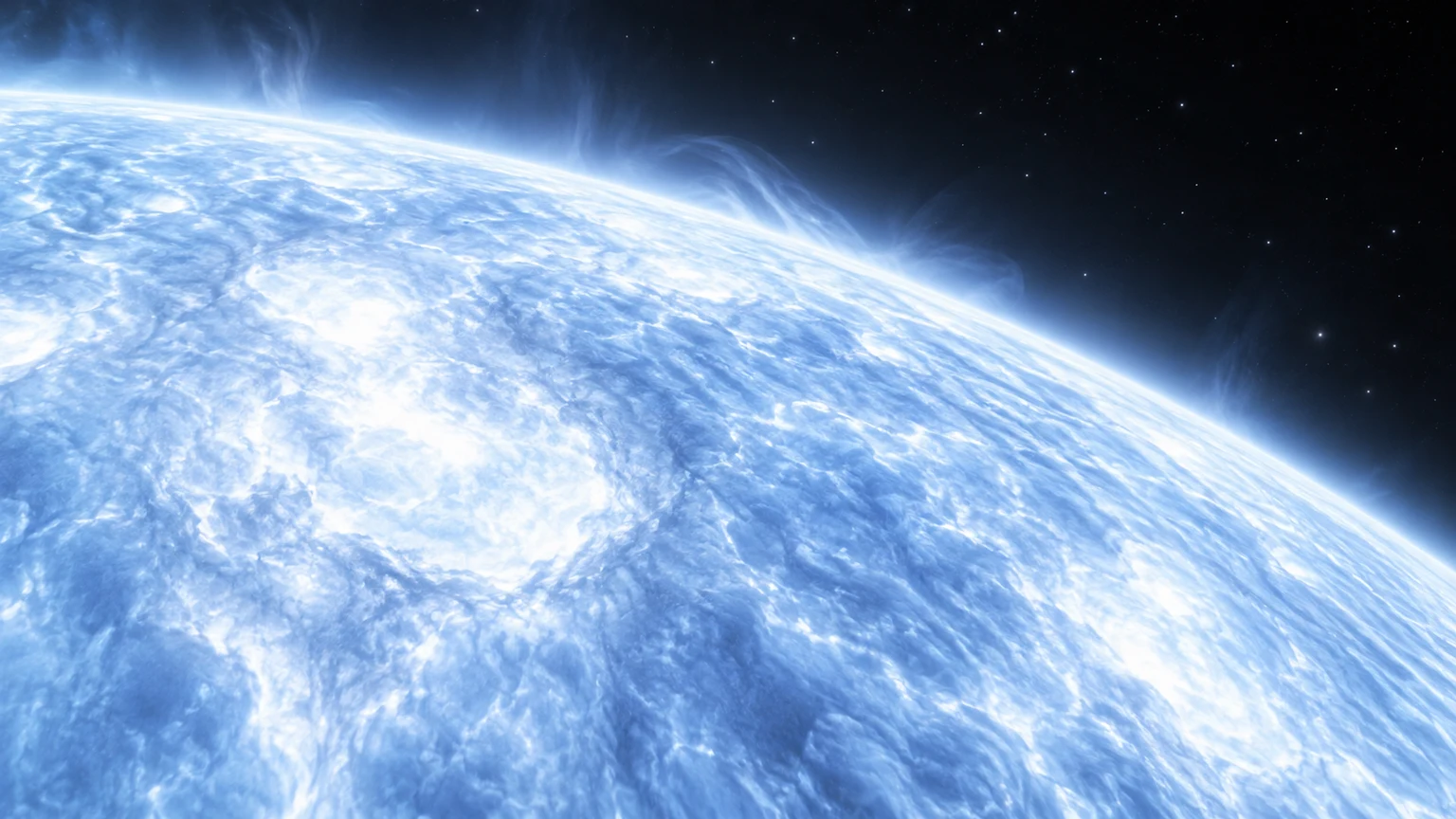 An imagined approach to Rigel’s blue-white gaseous photosphere. Fine structure and exposure are illustrative, not resolved observations.