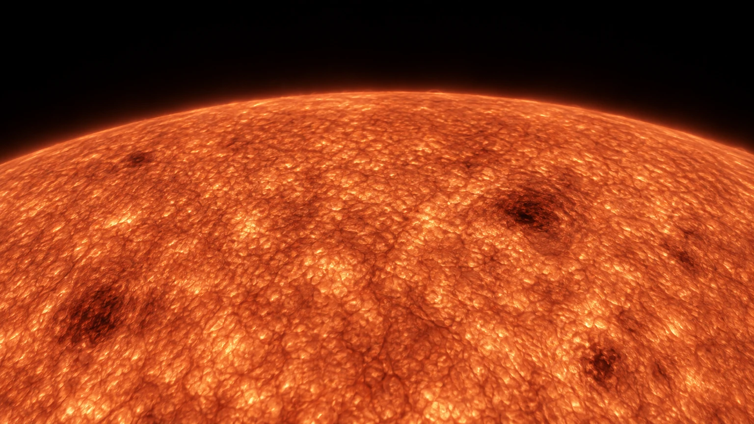 An imagined approach to Ross 248’s photosphere. Fine gas texture and darker magnetic patches are inspired by solar physics, not an observed map. Warm filtered colors and reduced exposure make the luminous layers visible.