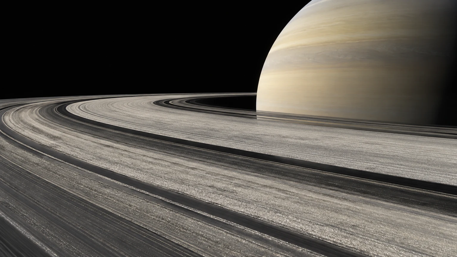 An imagined orbital view across Saturn’s finely banded rings toward the pale planet. Ring geometry and ice-rich material guide this reconstruction; it is not a spacecraft photograph.