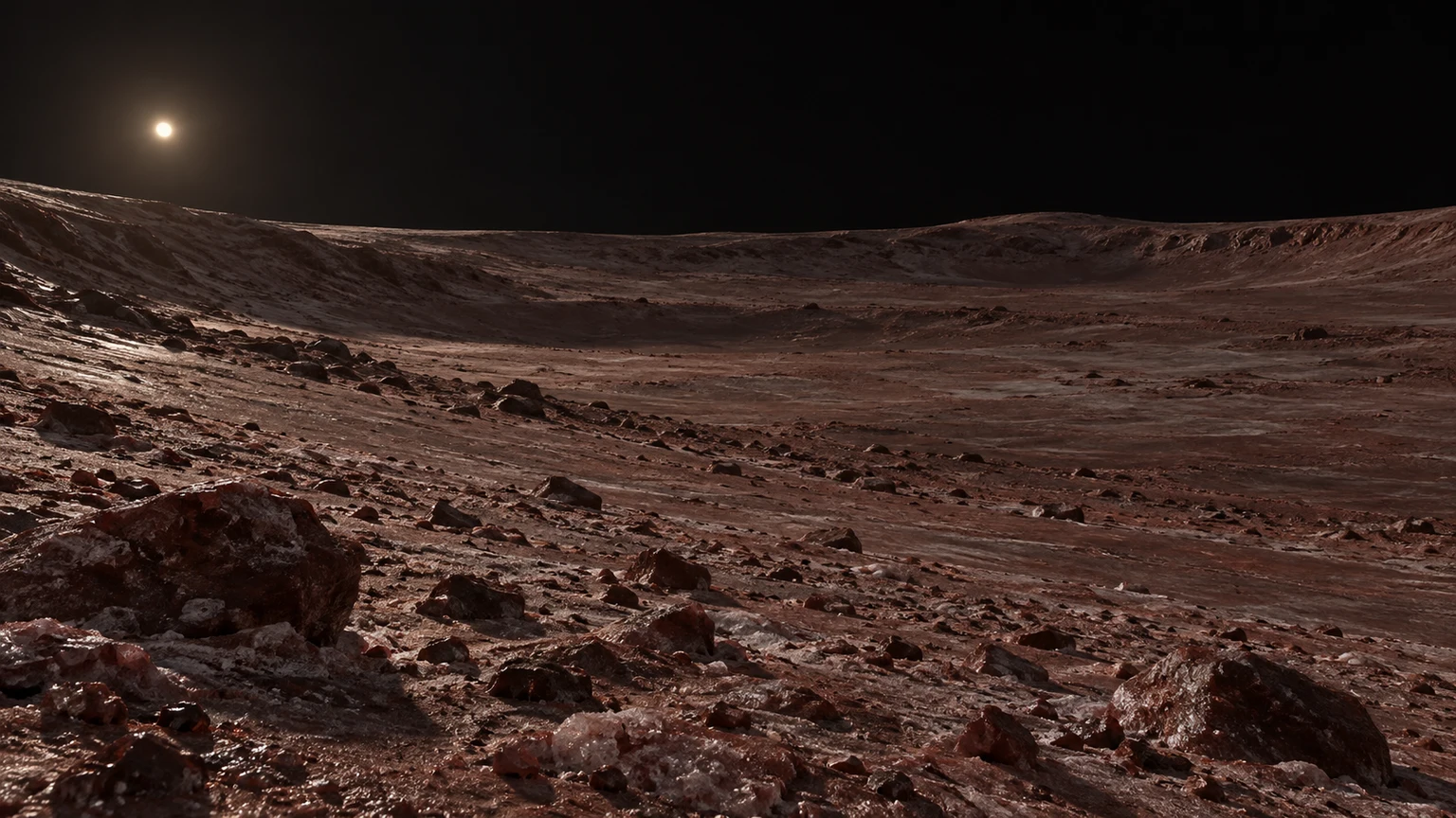 Hypothetical ground-level landscape of Sedna. Color and broad material choices follow remote observations; terrain, lighting and local details are artistic interpretation, not a mapped or photographed site.
